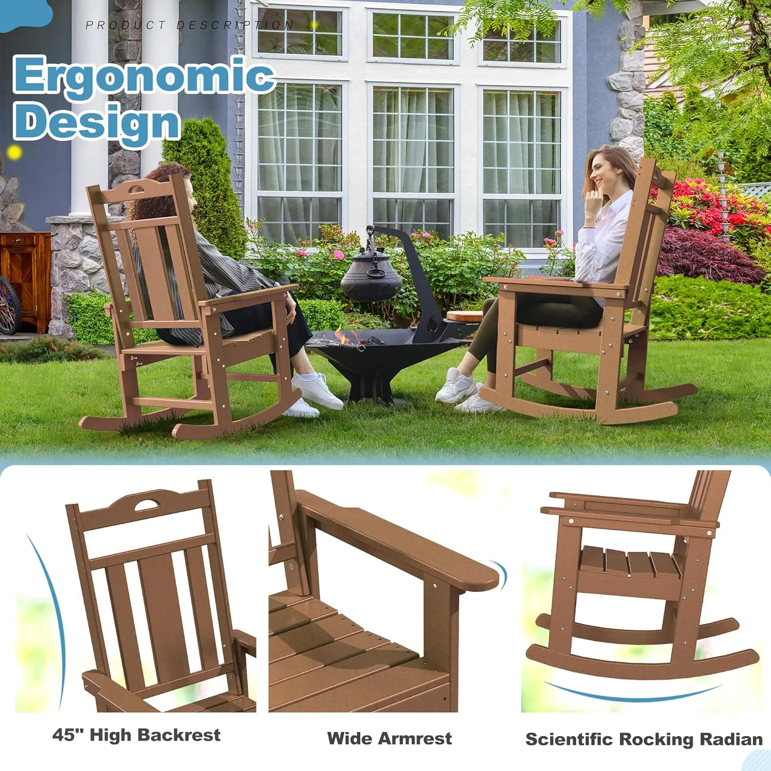 nalone Outdoor Rocking Chairs Set of 2, Oversized Porch Rocker Chair for Adult, All-Weather Resistant Patio Rocking Chair for Garden Lawn(Teak)