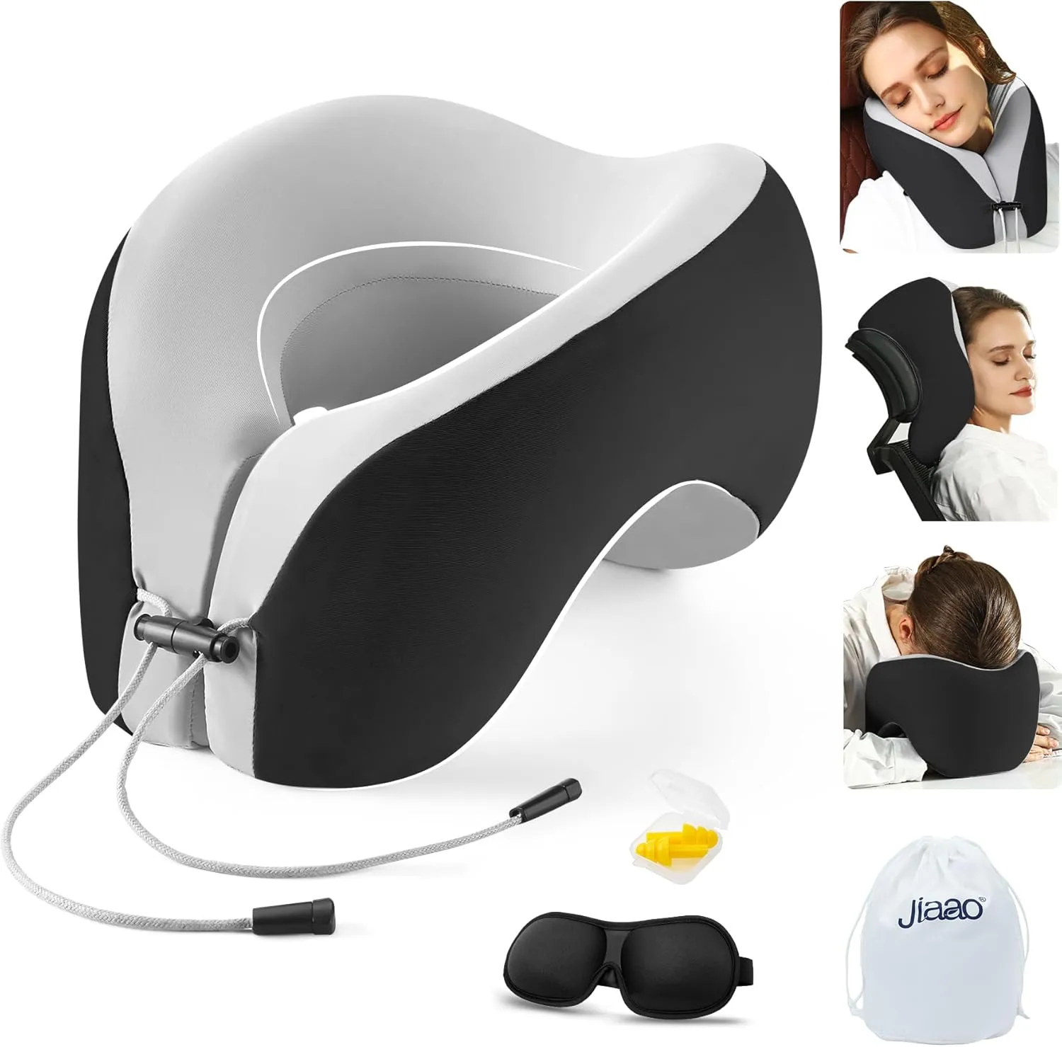 Neck Pillow for Airplane - Memory Foam 2-in-1 Travel Pillow for Long Flight Essentials, 3D Eye Masks, Earplugs and Storage Bag, Napping Pillow for Travel, Home, Trains, Self-Driving Cars