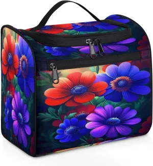 Neon Red Purple Flower Hanging Toiletry Bag for Women Men Large Capacity Makeup Bag Waterproof Cosmetic Bag Portable Travel Makeup Organizer with Multi Compartments