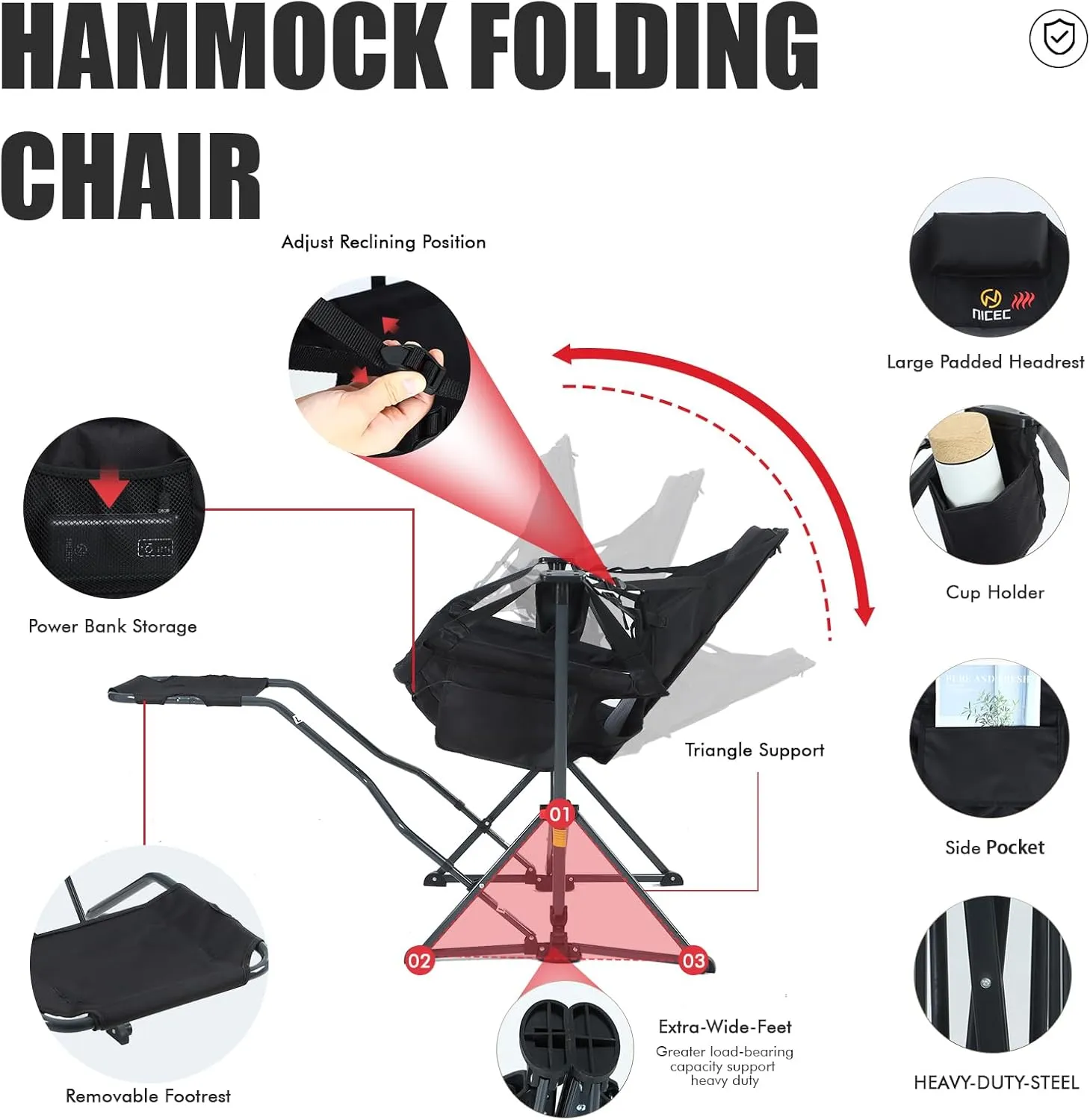 Nice C Hammock Camping Chair, Camping Chair Rocker, Swinging Chair, High Back with Stand, Cup Holder, Side Pocket, Heavy Duty (2, Heat Black W/Footrest)