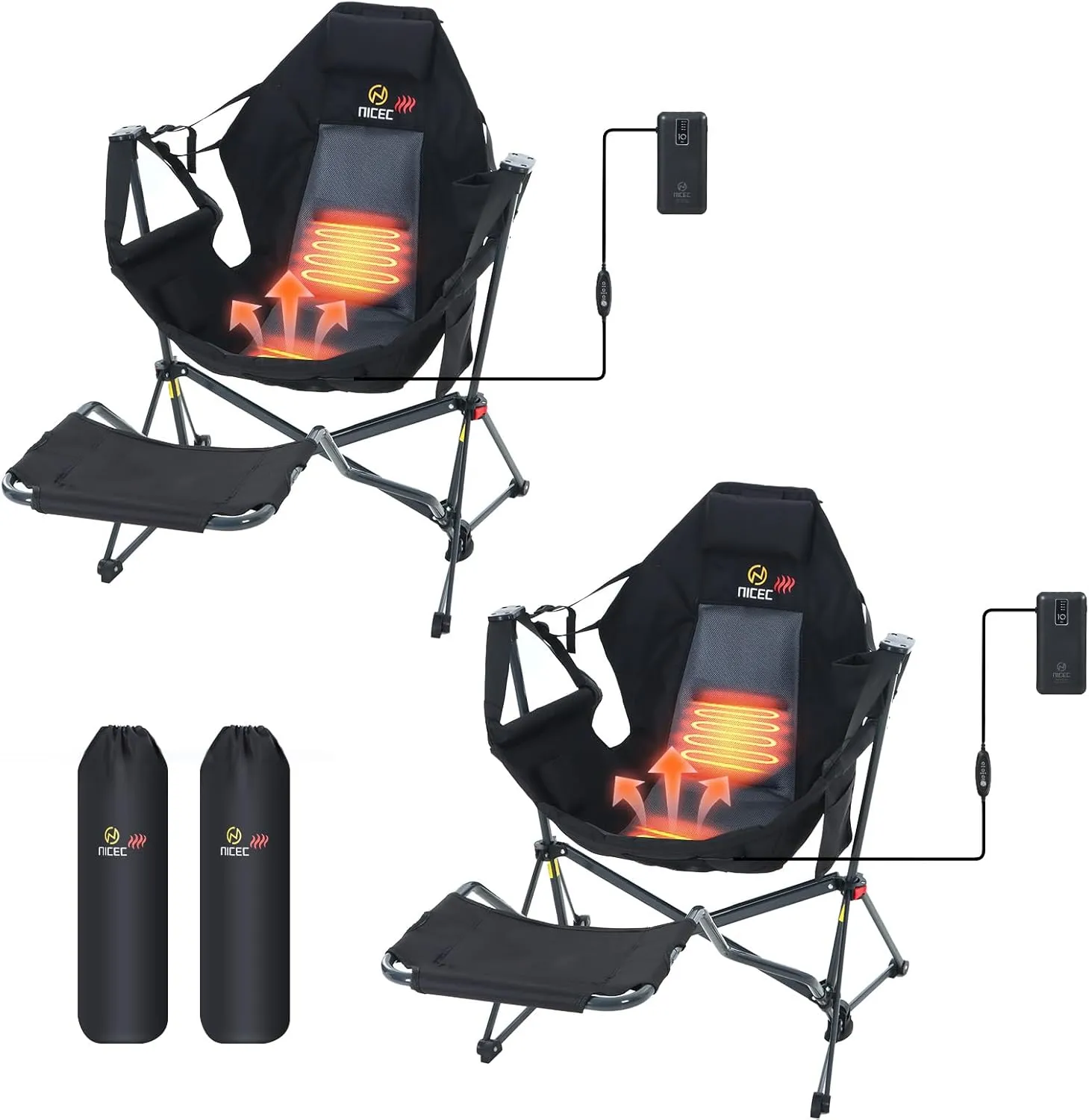 Nice C Hammock Camping Chair, Camping Chair Rocker, Swinging Chair, High Back with Stand, Cup Holder, Side Pocket, Heavy Duty (2, Heat Black W/Footrest)