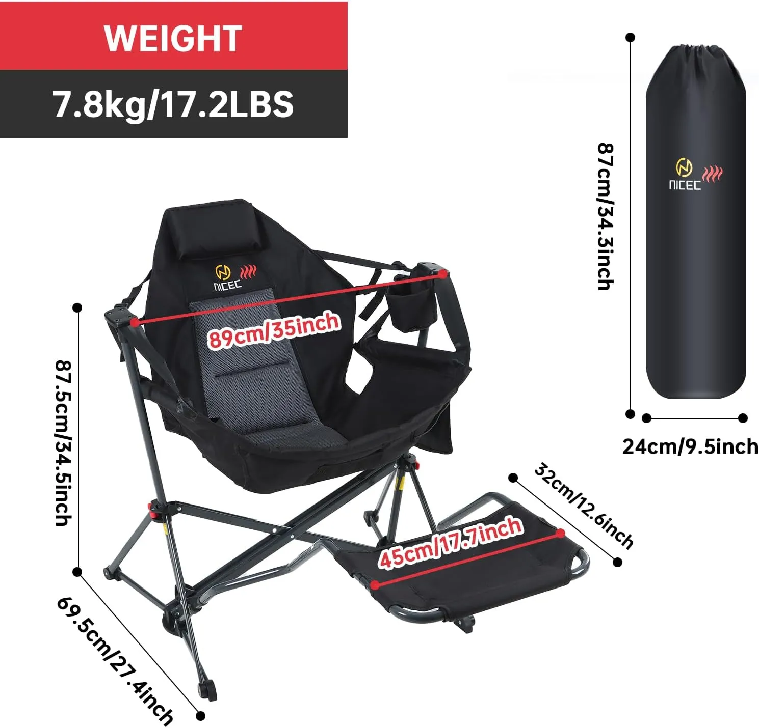 Nice C Hammock Camping Chair, Camping Chair Rocker, Swinging Chair, High Back with Stand, Cup Holder, Side Pocket, Heavy Duty (2, Heat Black W/Footrest)