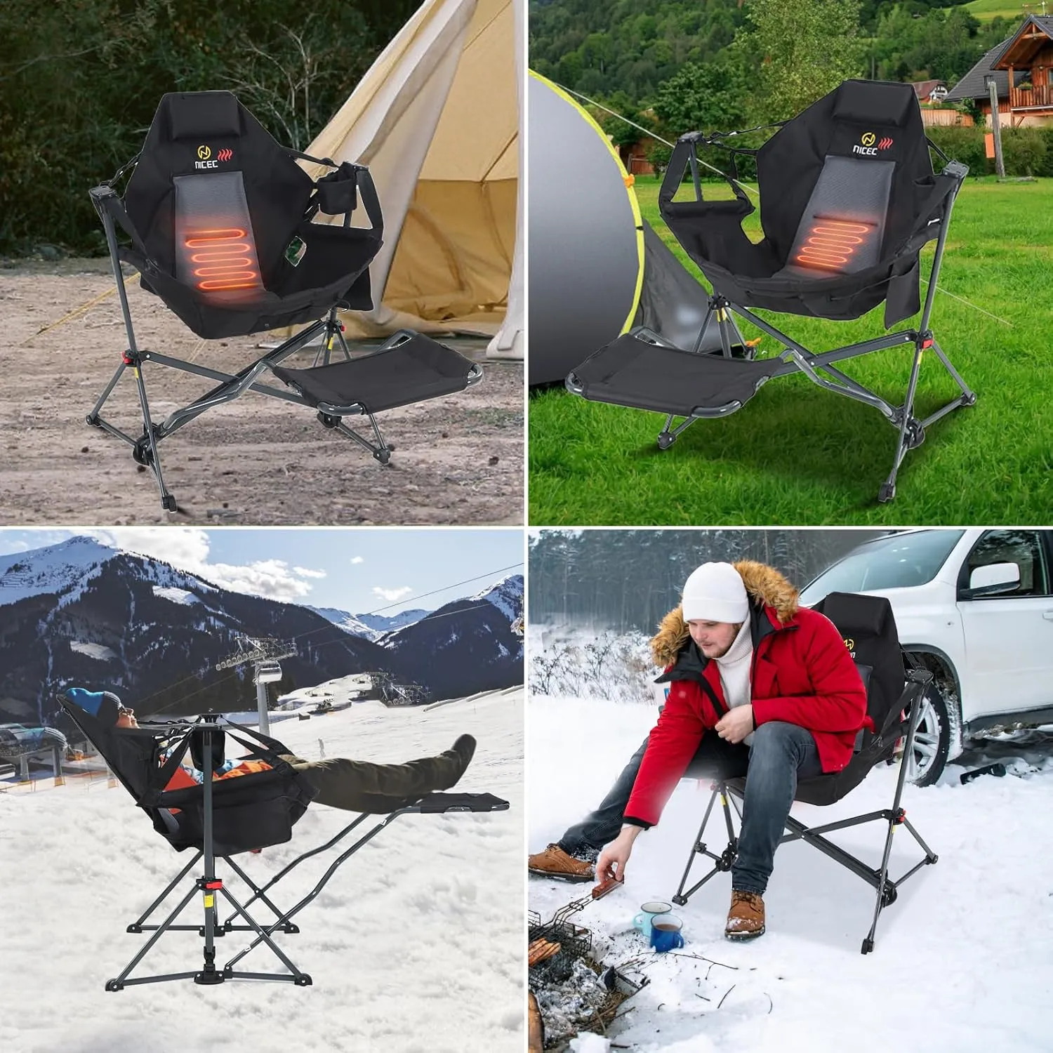 Nice C Hammock Camping Chair, Camping Chair Rocker, Swinging Chair, High Back with Stand, Cup Holder, Side Pocket, Heavy Duty (2, Heat Black W/Footrest)