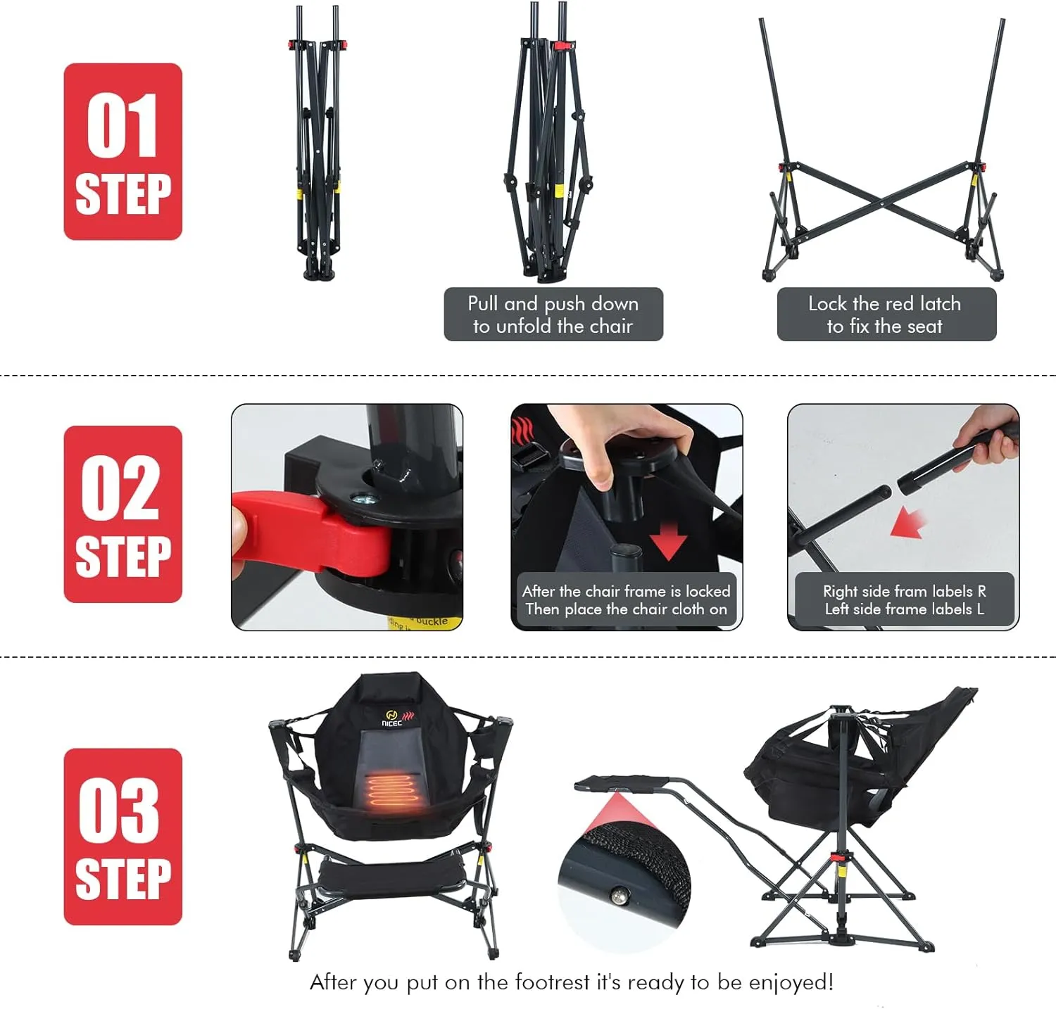 Nice C Hammock Camping Chair, Camping Chair Rocker, Swinging Chair, High Back with Stand, Cup Holder, Side Pocket, Heavy Duty (2, Heat Black W/Footrest)