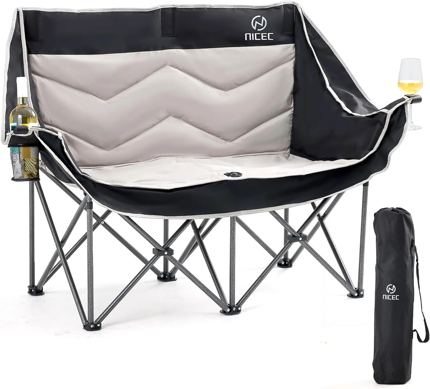 Nice C Loveseat Camping Chair, Double Couch, Oversized Padded Folding Portable Camp Chair With Wine Glass Holder