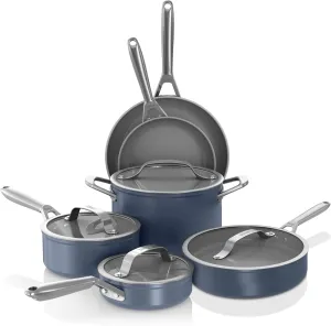 Ninja Ceramic Pro 10-Piece Cookware Set, Non-Stick Pots & Pans Set with Glass Lids, PTFE Free, Ceramic Coated, Stove to Oven Safe, All Stovetops & Induction Compatible, Midnight Blue, CW39010MM