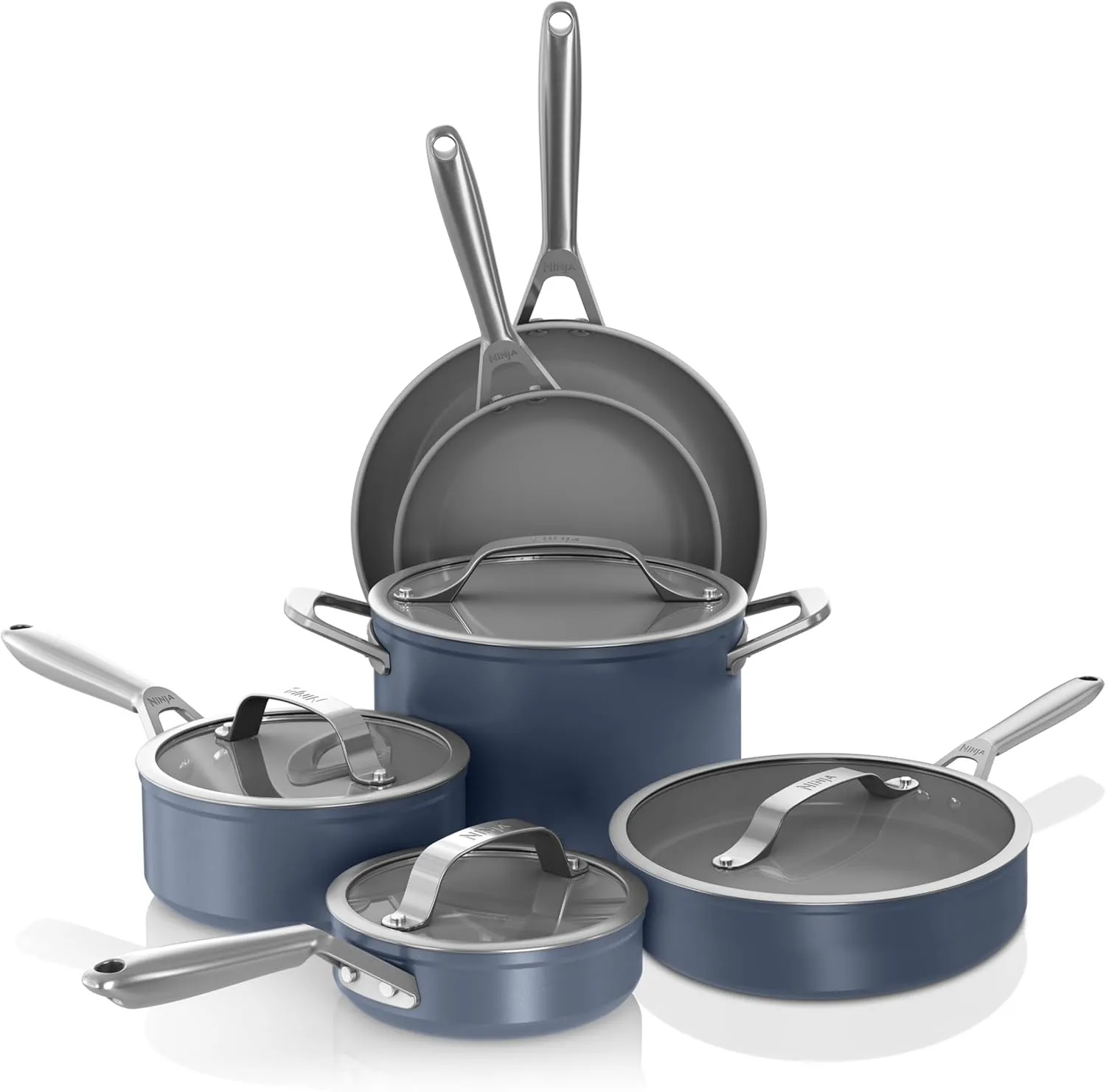 Ninja Ceramic Pro 10-Piece Cookware Set, Non-Stick Pots & Pans Set with Glass Lids, PTFE Free, Ceramic Coated, Stove to Oven Safe, All Stovetops & Induction Compatible, Midnight Blue, CW39010MM
