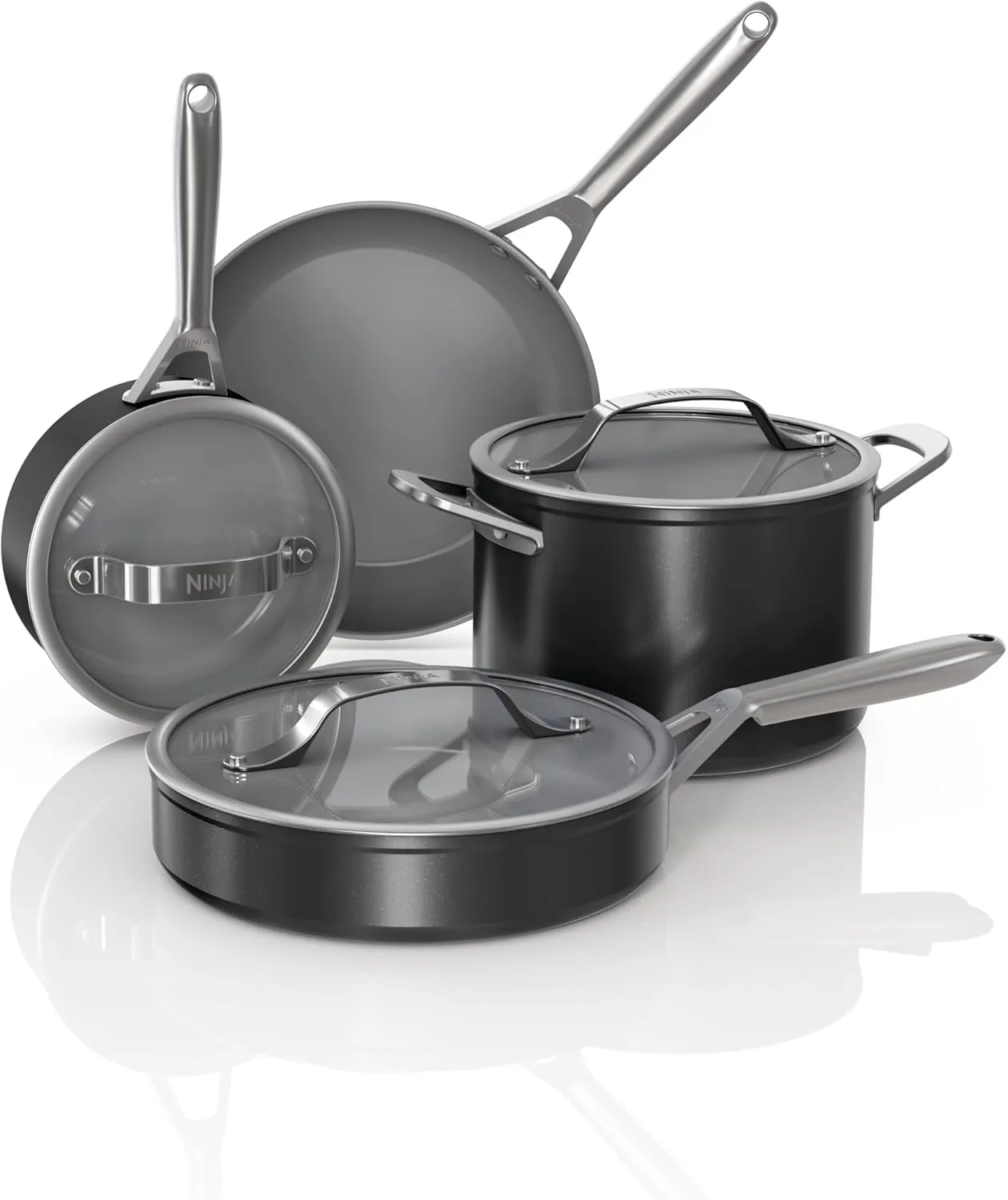 Ninja Ceramic Pro 7-Piece Cookware Set, Non-Stick Pots & Pans Set with Glass Lids, PTFE Free, Ceramic Coated, Oven Safe, All Stovetops & Induction Compatible, Black, CW39007BK
