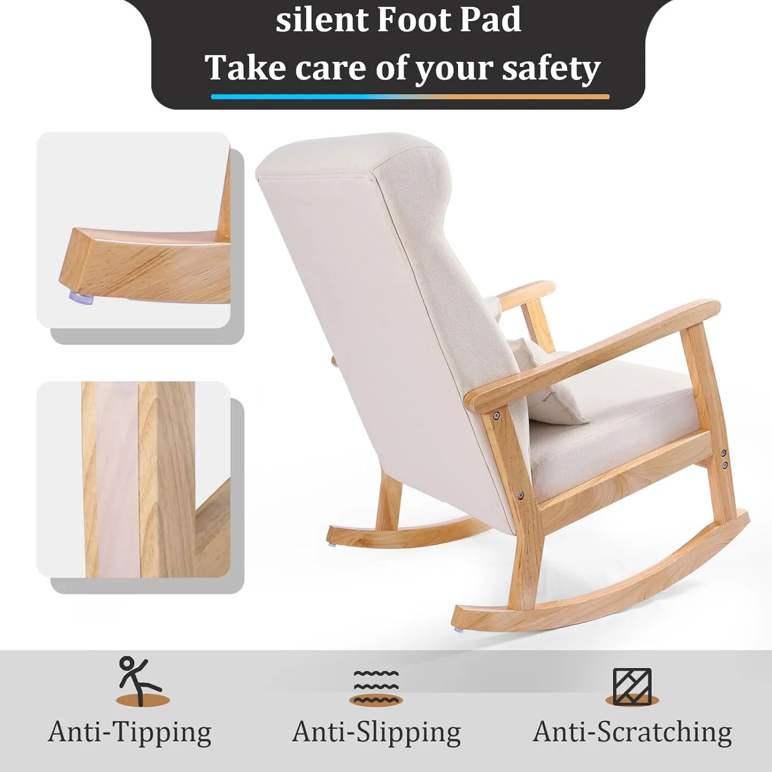NOBLEMOOD Rocking Chair with Ottoman, Upholstered Nursery Glider with Pillow & Side Pocket, Big and Tall Rocker with Rubberwood Armrests for Living Room, Bedroom & Apartment