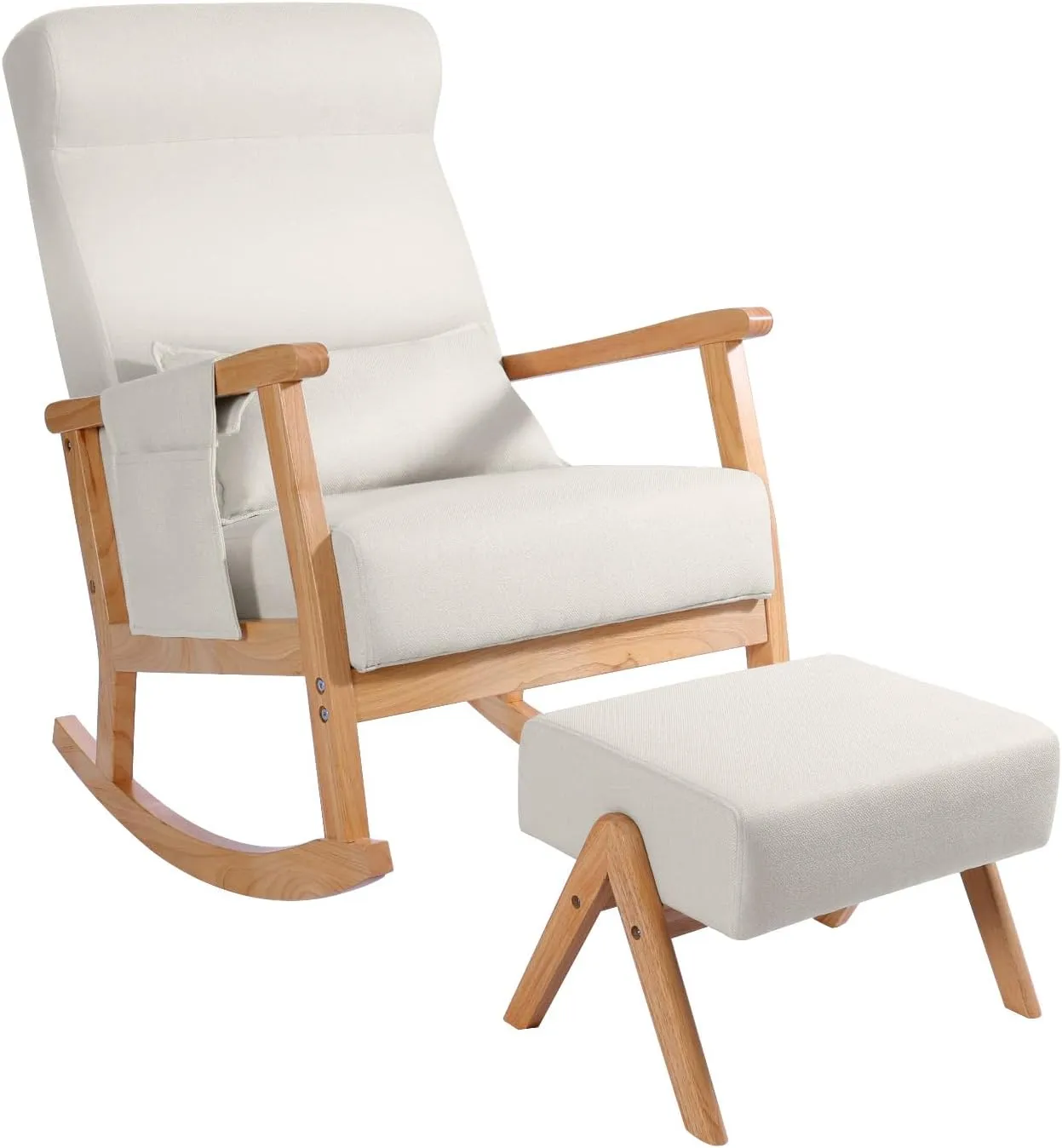 NOBLEMOOD Rocking Chair with Ottoman, Upholstered Nursery Glider with Pillow & Side Pocket, Big and Tall Rocker with Rubberwood Armrests for Living Room, Bedroom & Apartment
