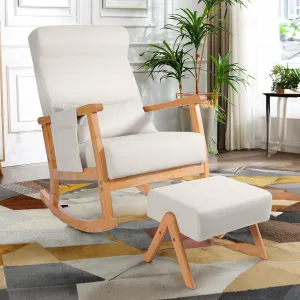 NOBLEMOOD Rocking Chair with Ottoman, Upholstered Nursery Glider with Pillow & Side Pocket, Big and Tall Rocker with Rubberwood Armrests for Living Room, Bedroom & Apartment