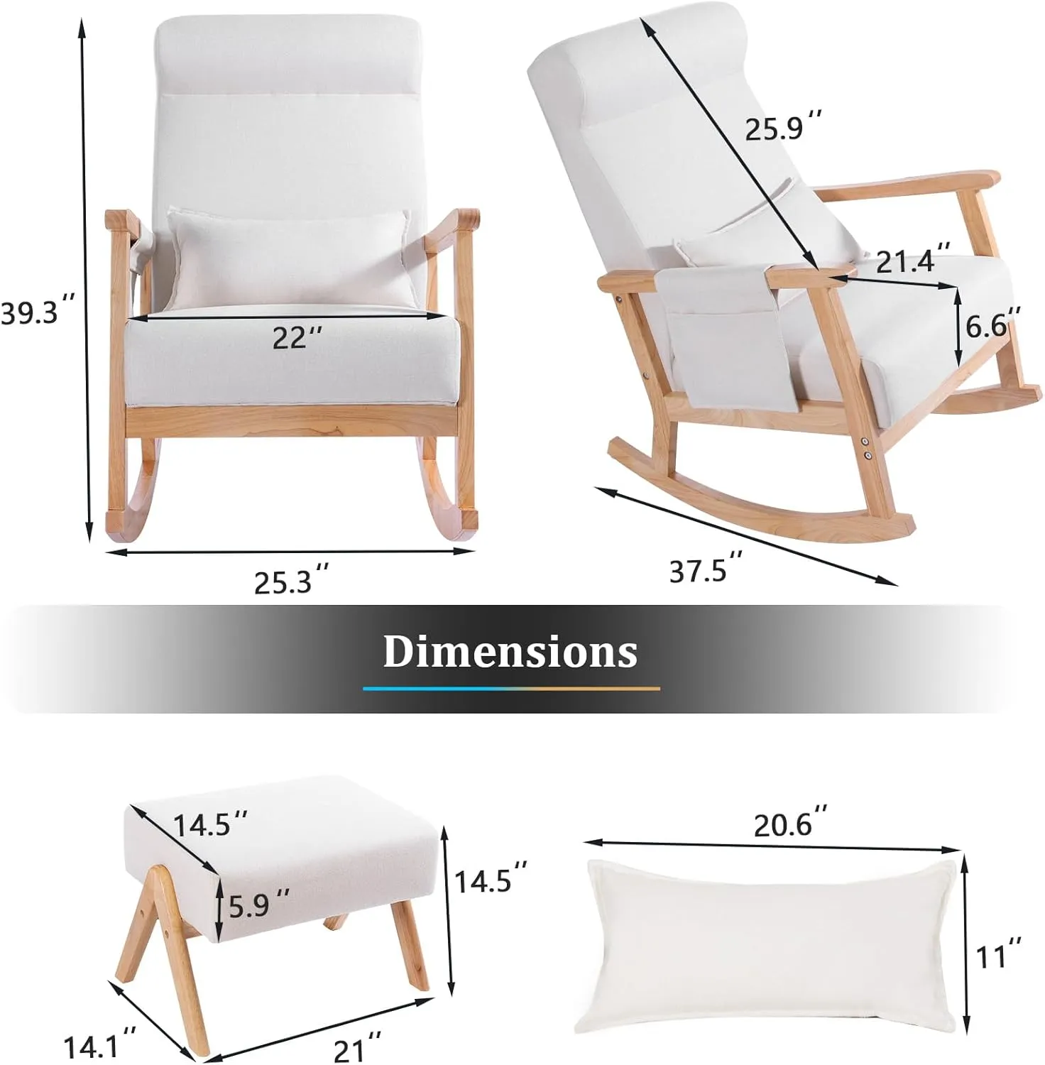 NOBLEMOOD Rocking Chair with Ottoman, Upholstered Nursery Glider with Pillow & Side Pocket, Big and Tall Rocker with Rubberwood Armrests for Living Room, Bedroom & Apartment