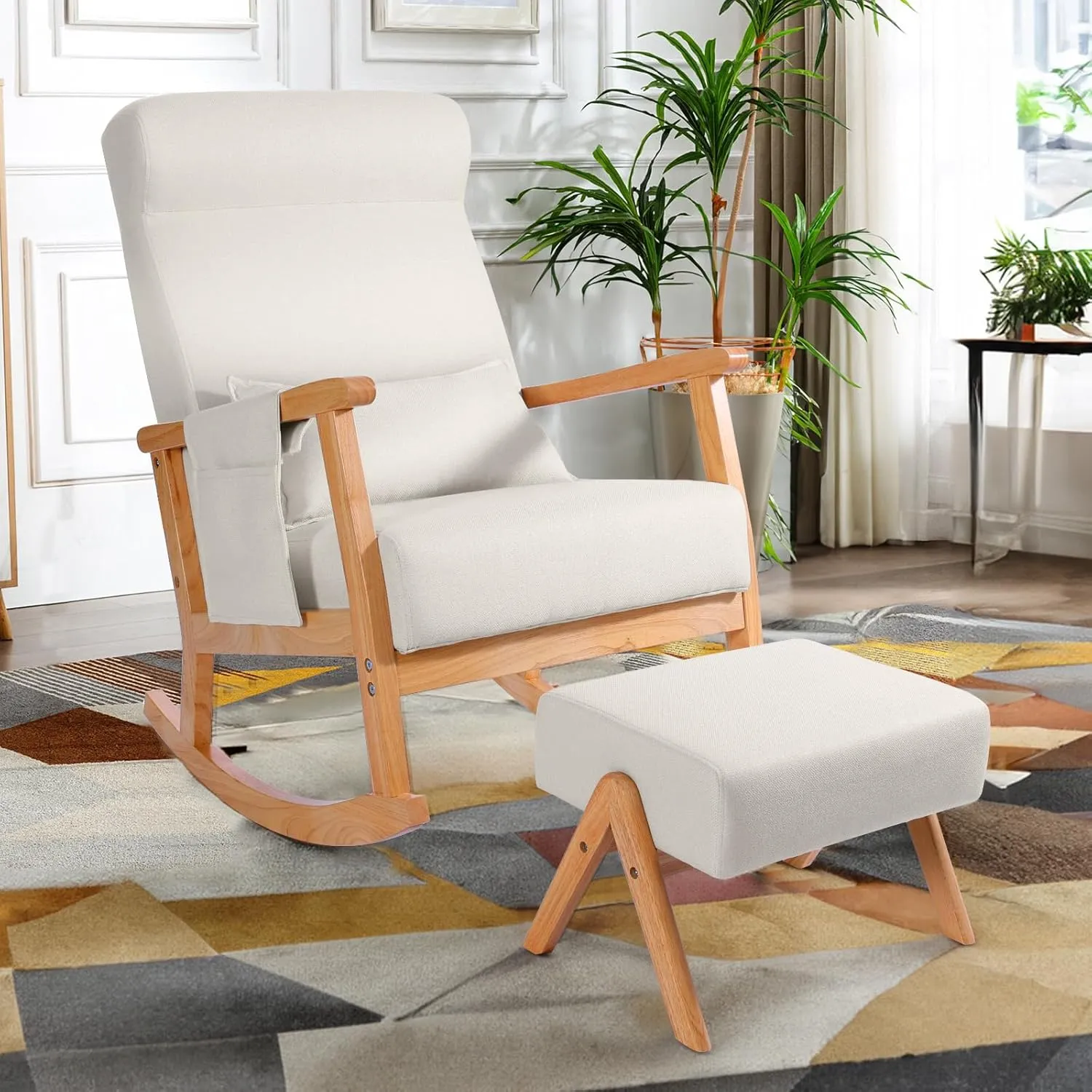 NOBLEMOOD Rocking Chair with Ottoman, Upholstered Nursery Glider with Pillow & Side Pocket, Big and Tall Rocker with Rubberwood Armrests for Living Room, Bedroom & Apartment
