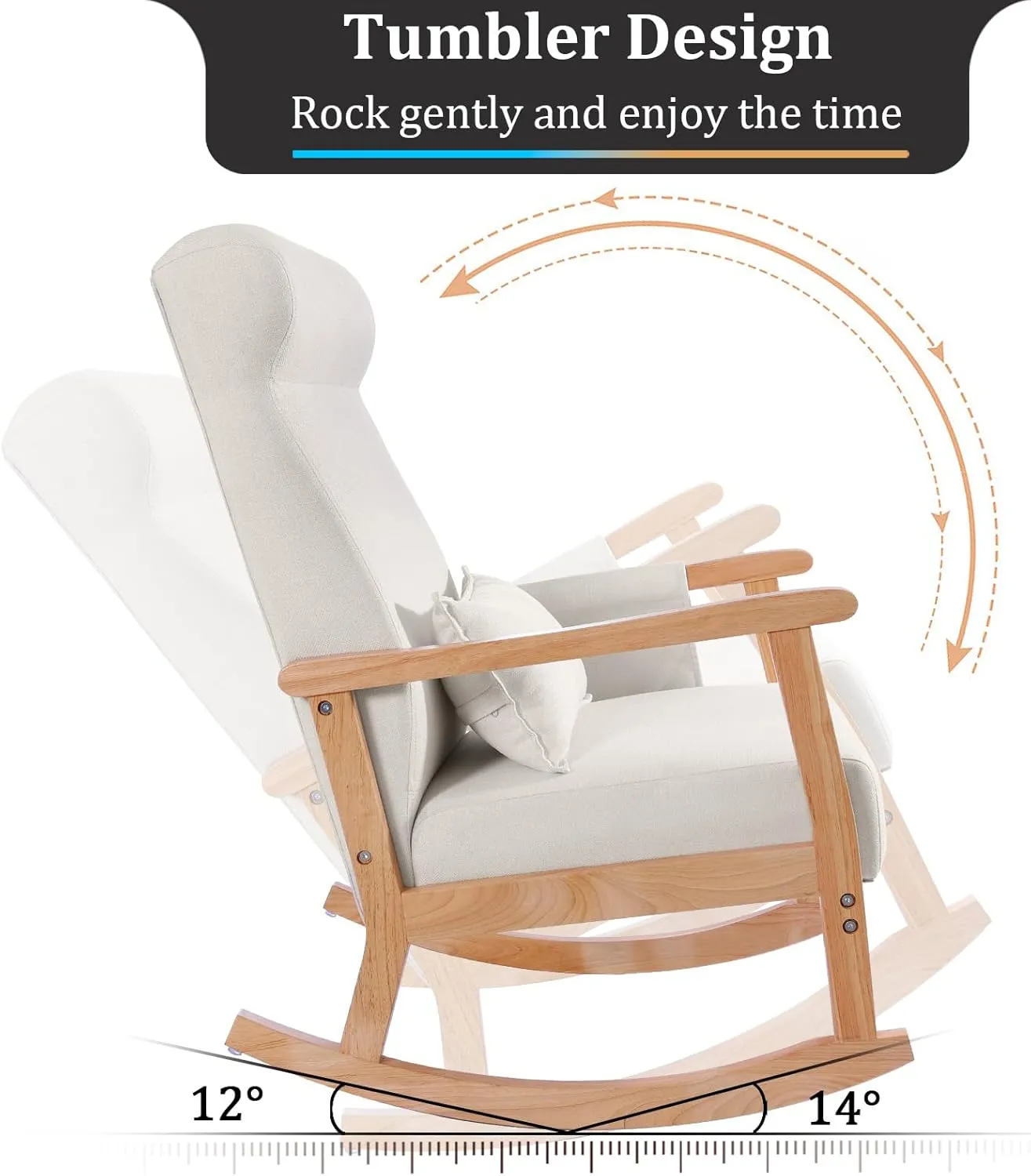 NOBLEMOOD Rocking Chair with Ottoman, Upholstered Nursery Glider with Pillow & Side Pocket, Big and Tall Rocker with Rubberwood Armrests for Living Room, Bedroom & Apartment