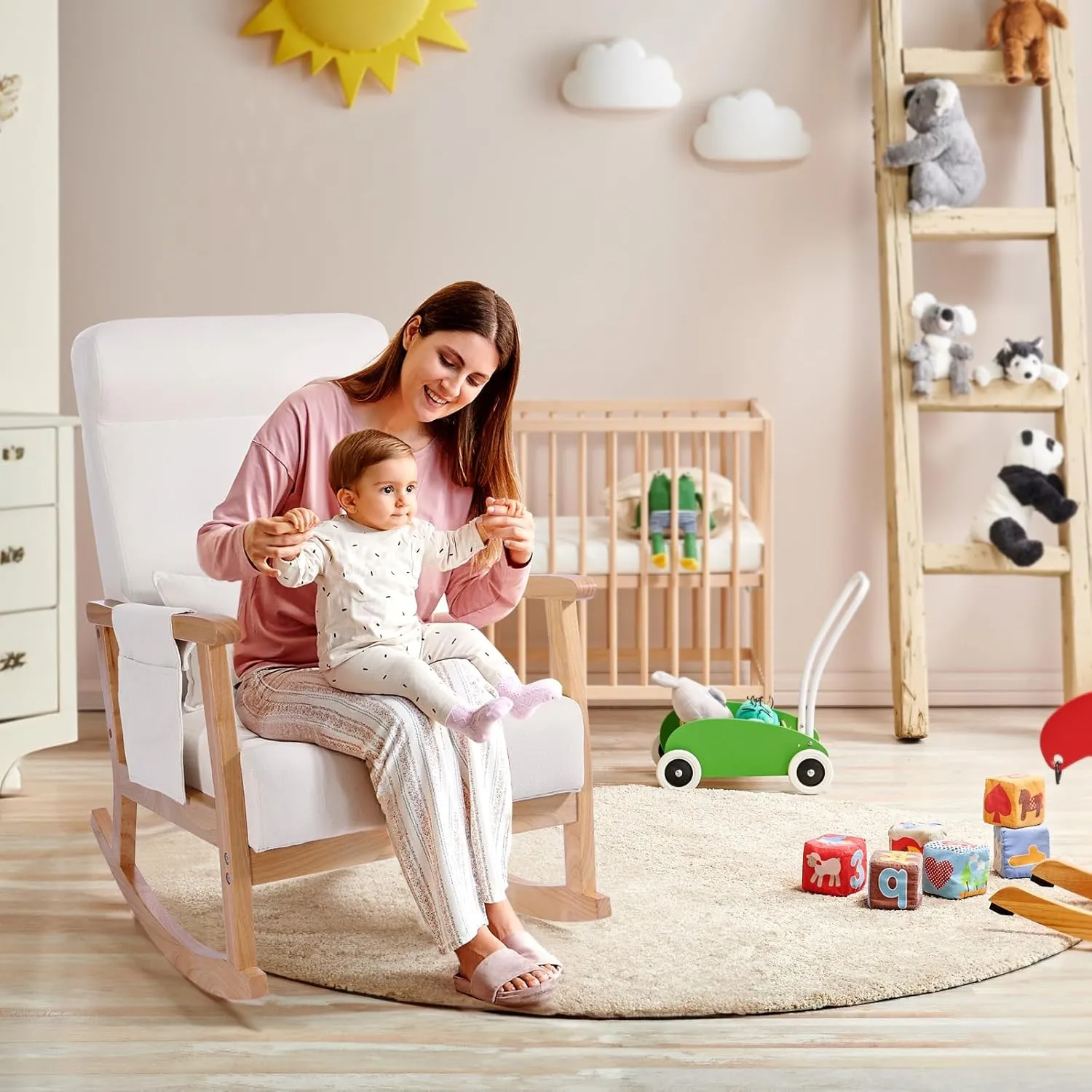 NOBLEMOOD Rocking Chair with Ottoman, Upholstered Nursery Glider with Pillow & Side Pocket, Big and Tall Rocker with Rubberwood Armrests for Living Room, Bedroom & Apartment