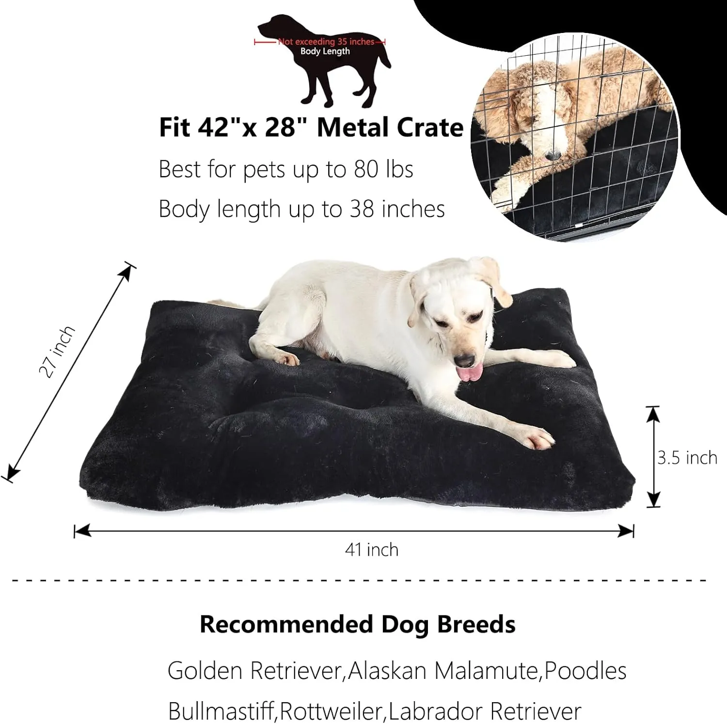 nononfish Dog Crate Pad 42x28 for Large Dog Washable,Pet Beds for Large Crate 48x30 fit Kennel with Anti-Slip Bottom,Extra Soft XL Bed Thick for Older Doggi Sleeping Mat,Black
