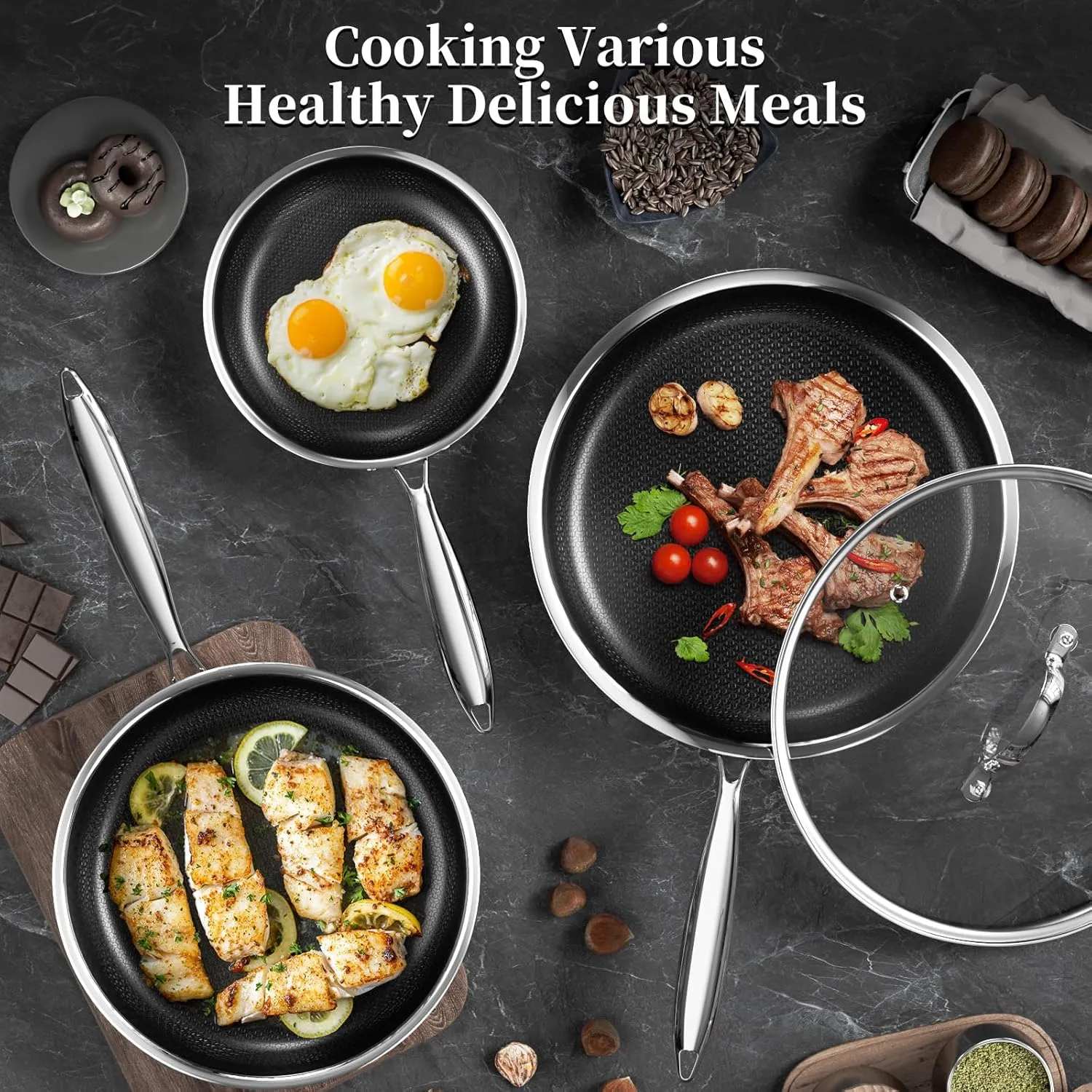 Nonstick Titanium Ceramics Stainless Steel Frying Pan Set, 6 Pieces Nonstick Honeycomb Stainless Steel Frying Pan Set, Non Stick Egg Omelet Cooking Pan Set, Induction Compatible, PFAS Free