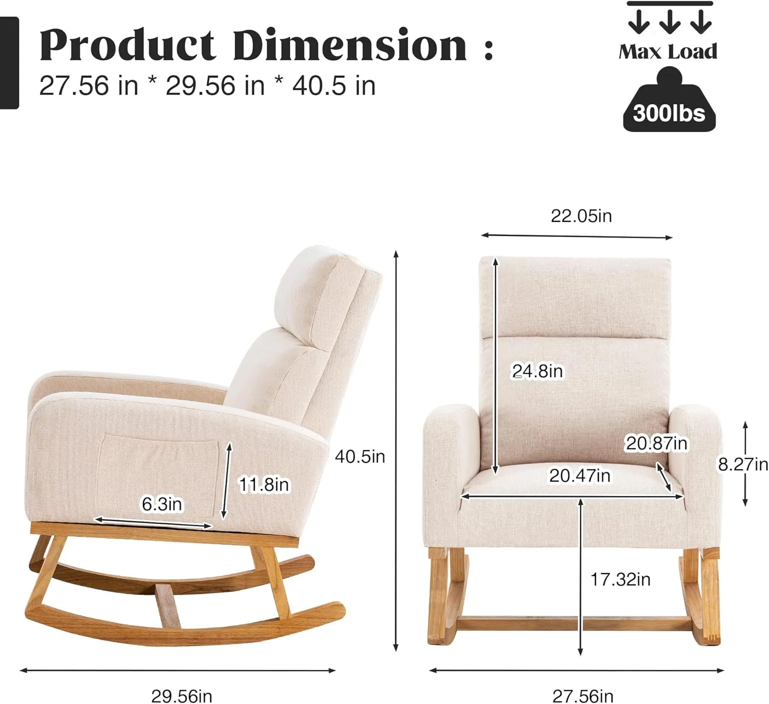 Nursery Rocking Chair, Comfy Rocker Armchair for Nursery with Solid Wood Legs, Modern Nursing Glider Rocking Chair Living Room, Bedroom, Beige