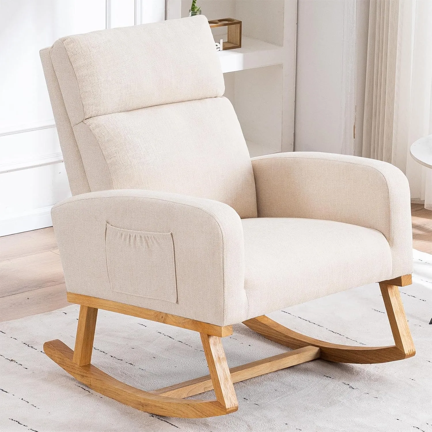 Nursery Rocking Chair, Comfy Rocker Armchair for Nursery with Solid Wood Legs, Modern Nursing Glider Rocking Chair Living Room, Bedroom, Beige