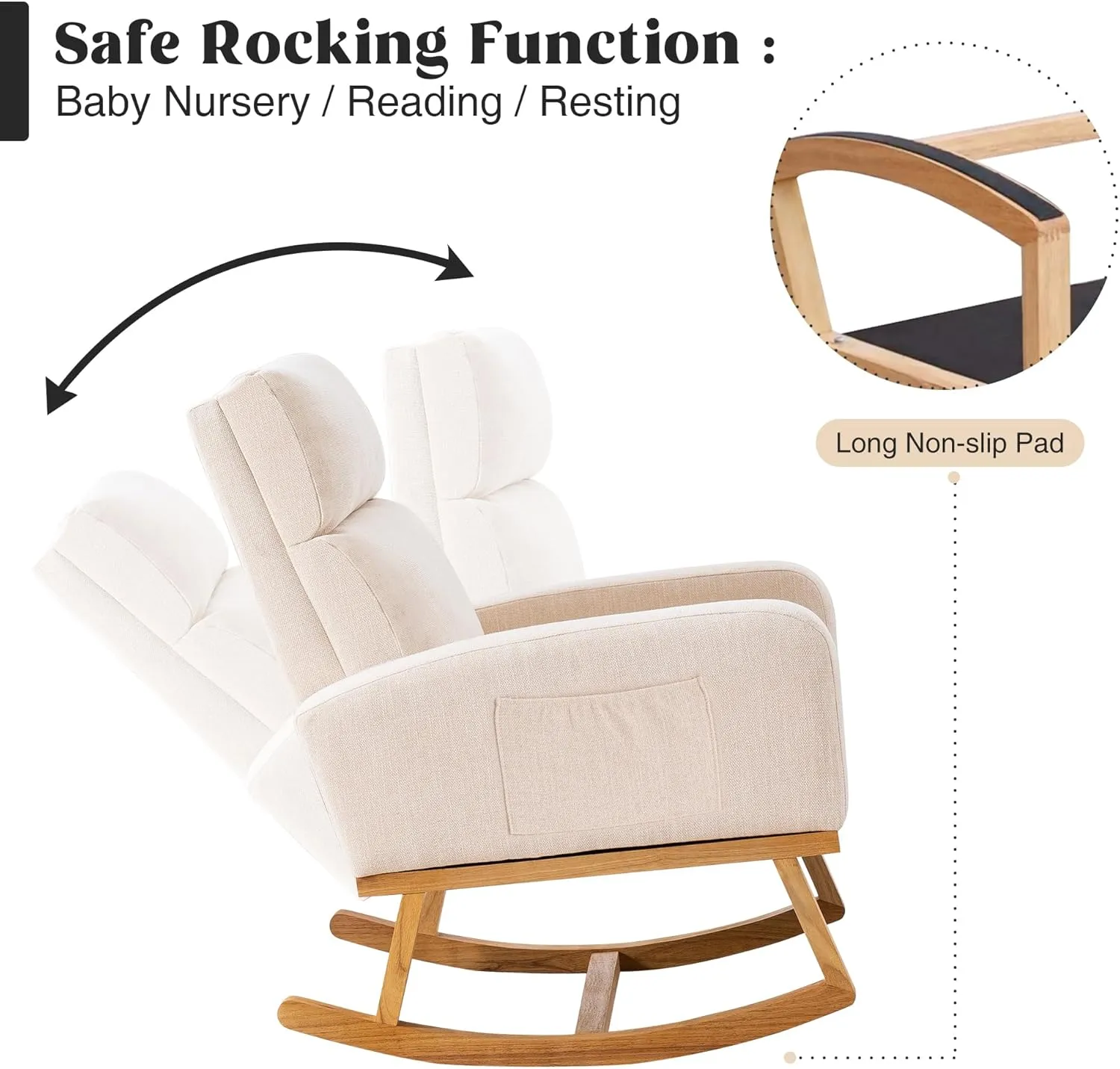 Nursery Rocking Chair, Comfy Rocker Armchair for Nursery with Solid Wood Legs, Modern Nursing Glider Rocking Chair Living Room, Bedroom, Beige