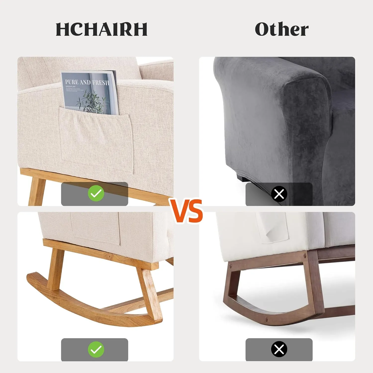 Nursery Rocking Chair, Comfy Rocker Armchair for Nursery with Solid Wood Legs, Modern Nursing Glider Rocking Chair Living Room, Bedroom, Beige