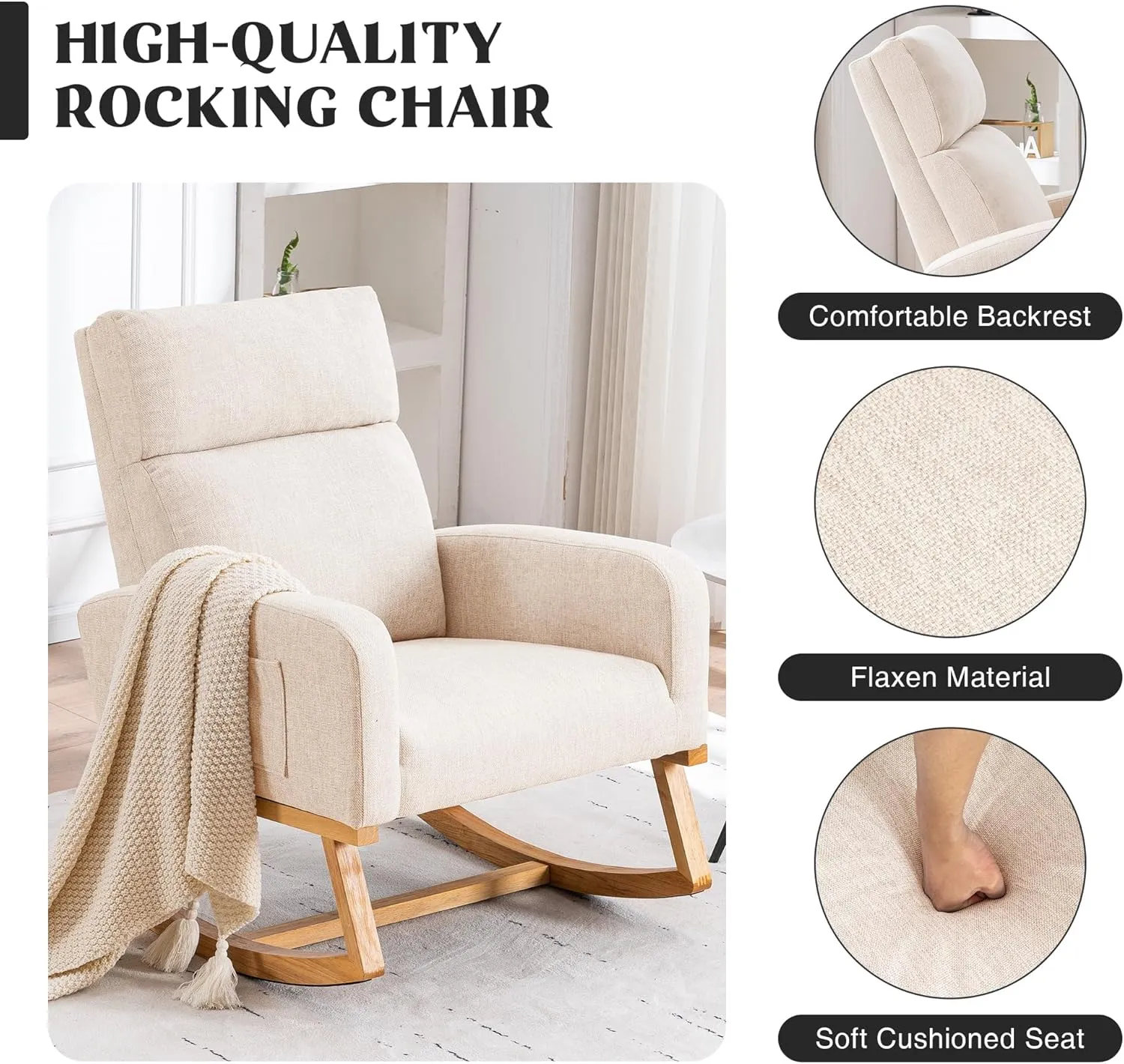 Nursery Rocking Chair, Comfy Rocker Armchair for Nursery with Solid Wood Legs, Modern Nursing Glider Rocking Chair Living Room, Bedroom, Beige