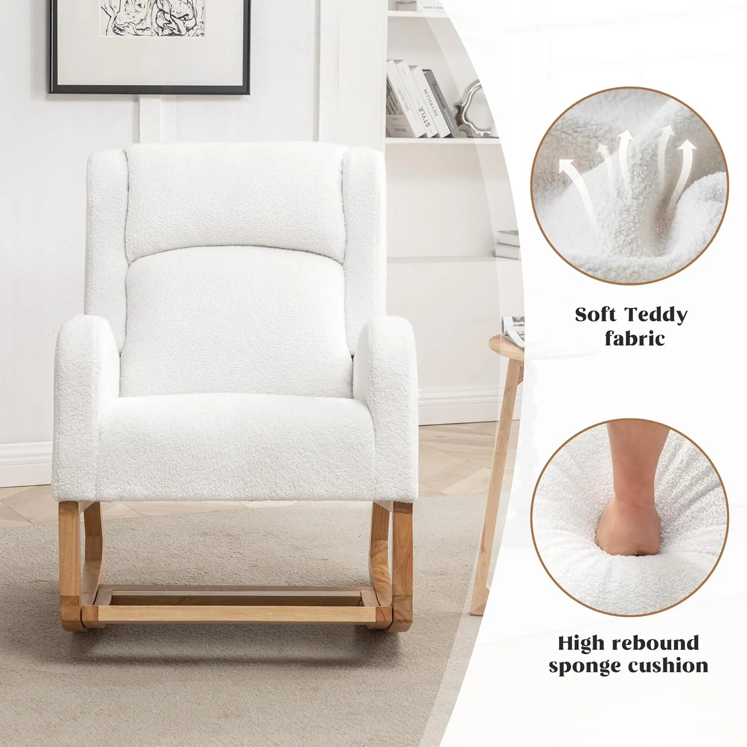 Nursery Rocking Chair, Rocking Chair Nursery with Foot Rest, Comfy Wingback Glider Rocking Armchair with Side Pocket for Mom Nursery Living Room Bedroom,Teddy White