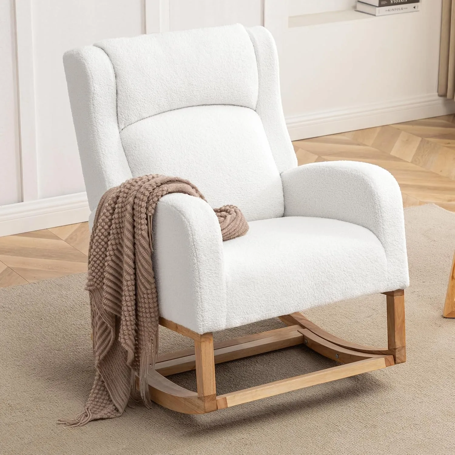 Nursery Rocking Chair, Rocking Chair Nursery with Foot Rest, Comfy Wingback Glider Rocking Armchair with Side Pocket for Mom Nursery Living Room Bedroom,Teddy White