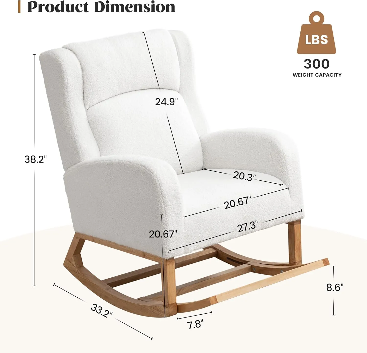 Nursery Rocking Chair, Rocking Chair Nursery with Foot Rest, Comfy Wingback Glider Rocking Armchair with Side Pocket for Mom Nursery Living Room Bedroom,Teddy White