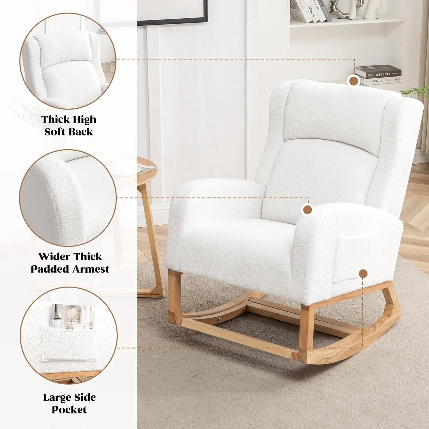 Nursery Rocking Chair, Rocking Chair Nursery with Foot Rest, Comfy Wingback Glider Rocking Armchair with Side Pocket for Mom Nursery Living Room Bedroom,Teddy White