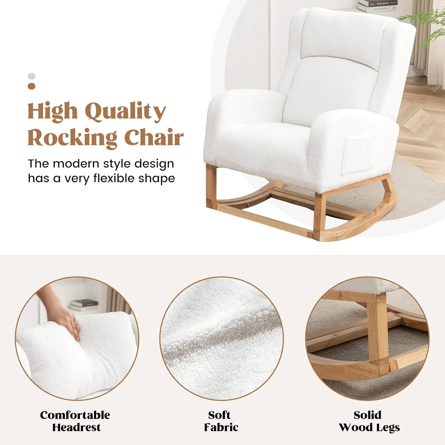 Nursery Rocking Chair, Rocking Chair Nursery with Foot Rest, Comfy Wingback Glider Rocking Armchair with Side Pocket for Mom Nursery Living Room Bedroom,Teddy White