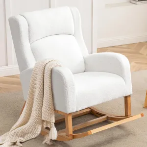 Nursery Rocking Chair, Rocking Chair Nursery with Foot Rest, Comfy Wingback Glider Rocking Armchair with Side Pocket for Mom Nursery Living Room Bedroom,Teddy White