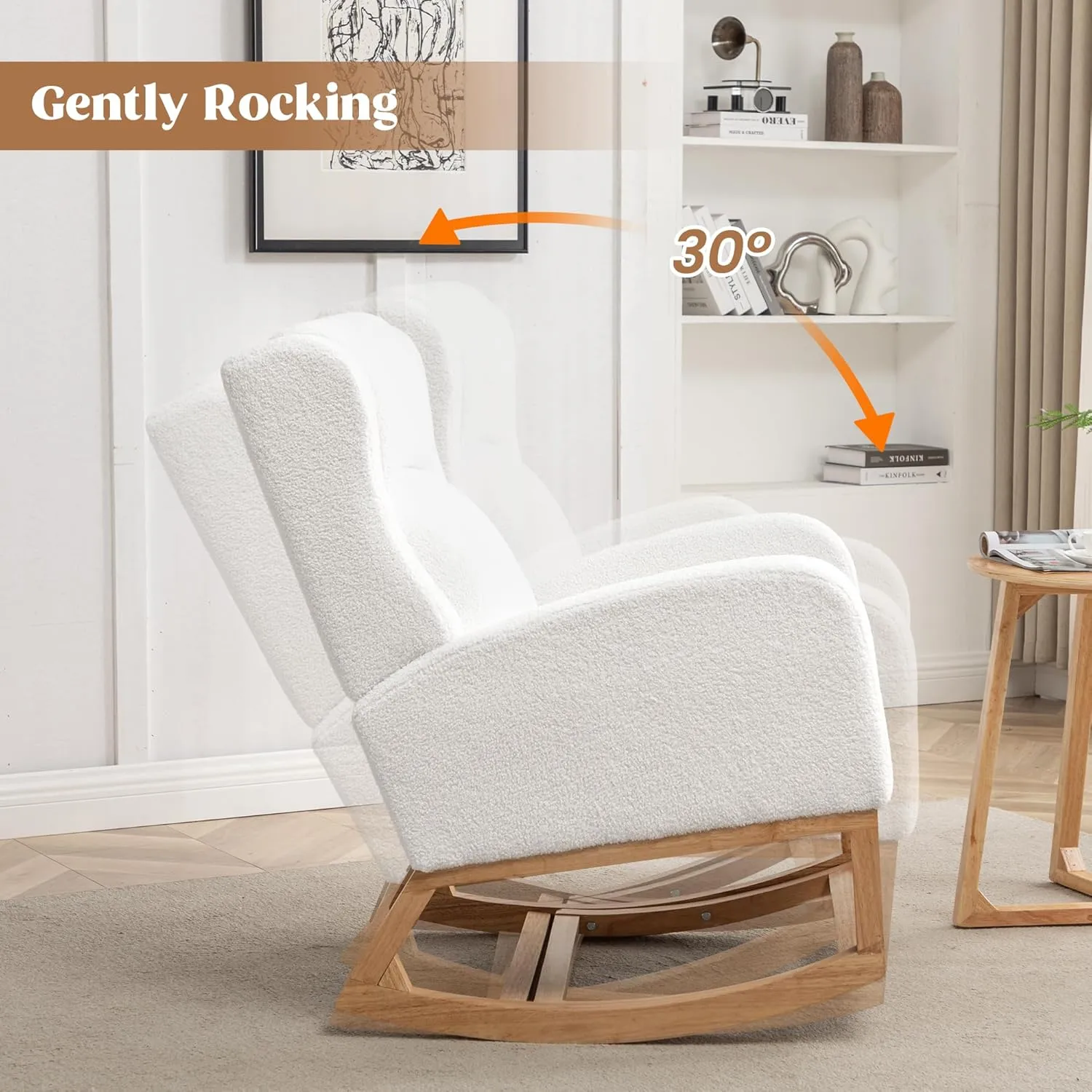 Nursery Rocking Chair, Rocking Chair Nursery with Foot Rest, Comfy Wingback Glider Rocking Armchair with Side Pocket for Mom Nursery Living Room Bedroom,Teddy White
