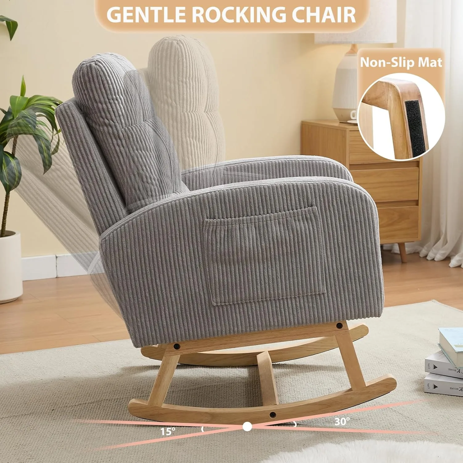 Nursery Rocking Chair with Retractable Foot Rest, Glider Rocking Chairs, Mid Century Rocker, High Back, Solid Wood Legs, Corduroy Gray