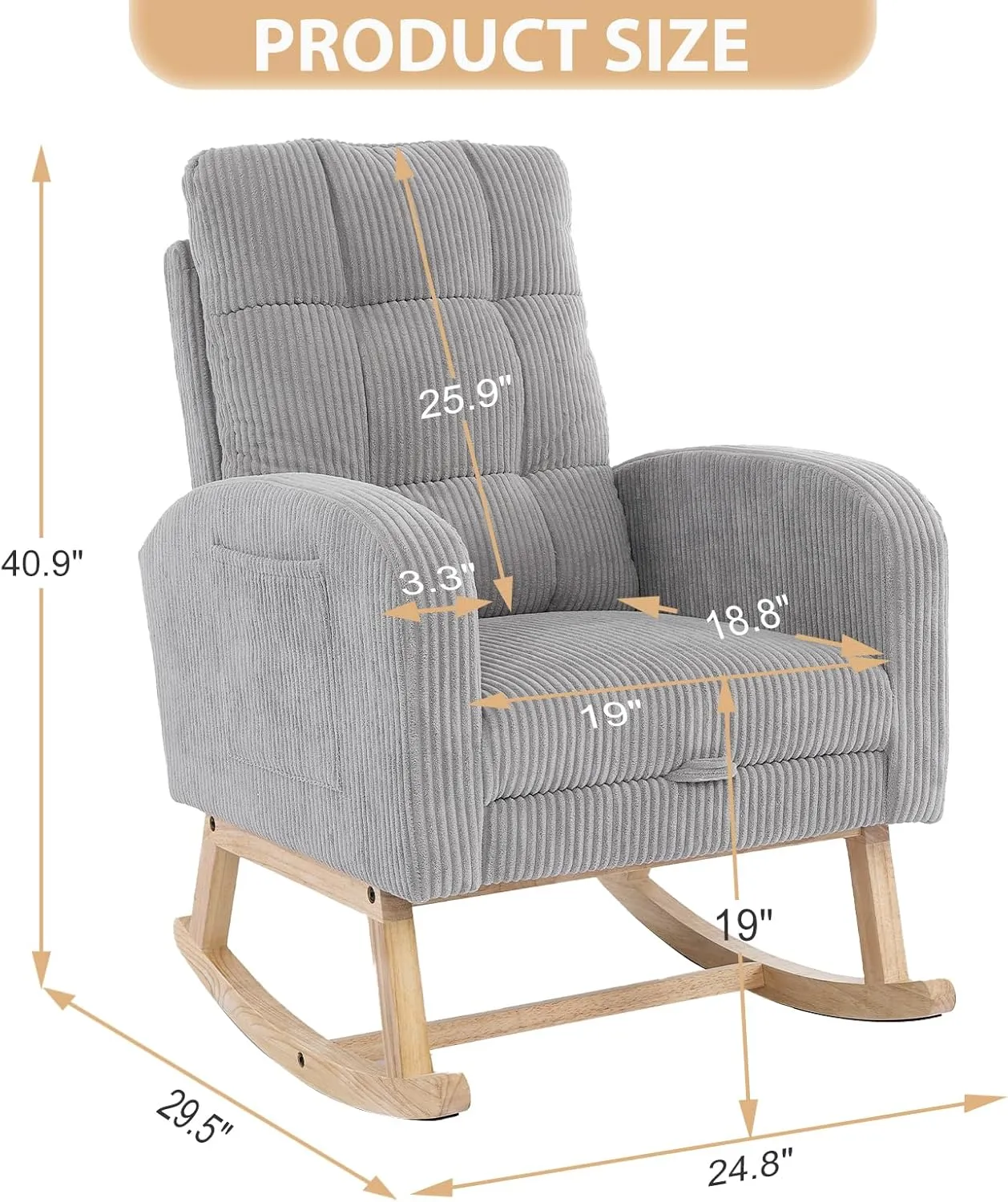 Nursery Rocking Chair with Retractable Foot Rest, Glider Rocking Chairs, Mid Century Rocker, High Back, Solid Wood Legs, Corduroy Gray