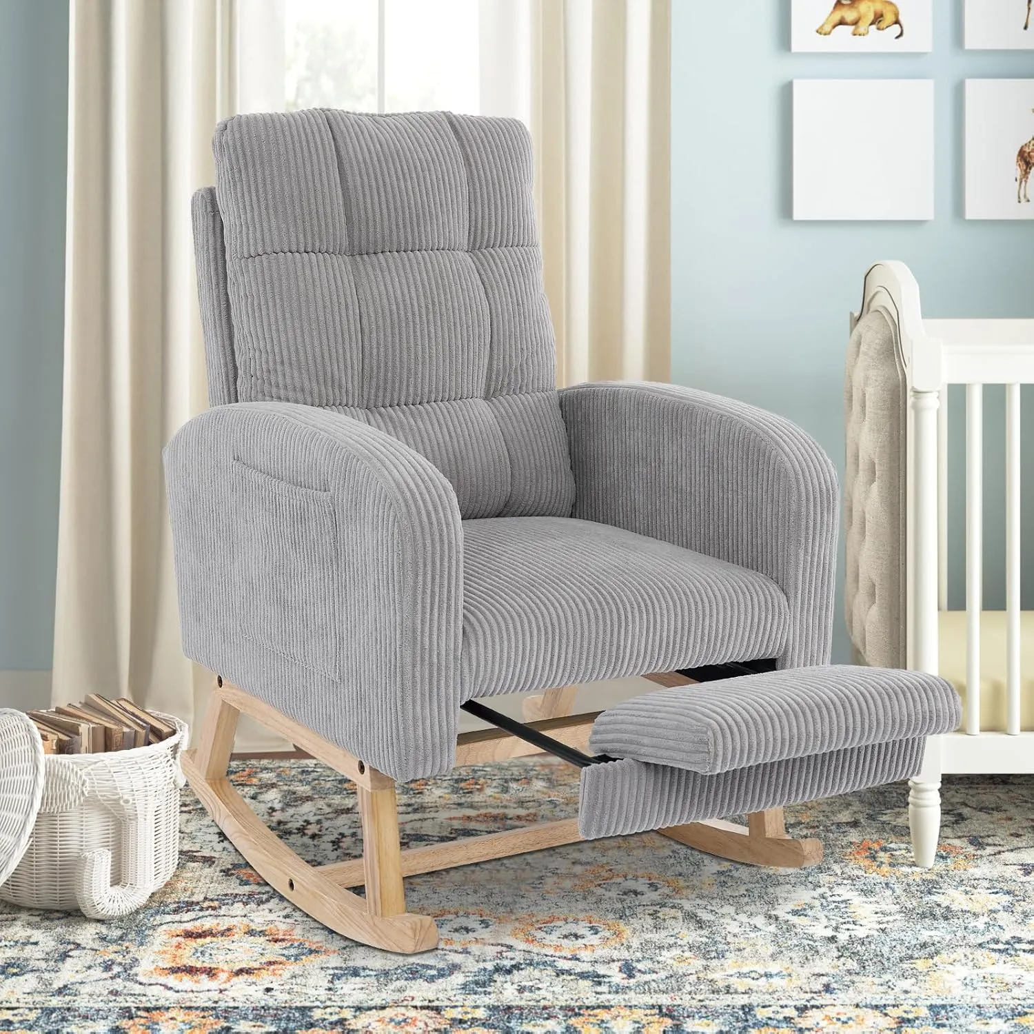 Nursery Rocking Chair with Retractable Foot Rest, Glider Rocking Chairs, Mid Century Rocker, High Back, Solid Wood Legs, Corduroy Gray
