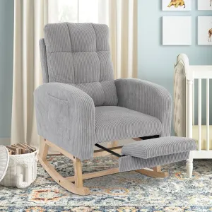 Nursery Rocking Chair with Retractable Foot Rest, Glider Rocking Chairs, Mid Century Rocker, High Back, Solid Wood Legs, Corduroy Gray