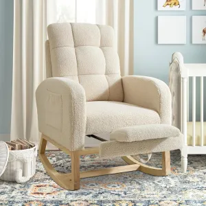 Nursery Rocking Chair with Retractable Foot Rest, Teddy Glider Rocking Chair, Mid Century Rocker Chair, High Back, Solid Wood Legs, Beige