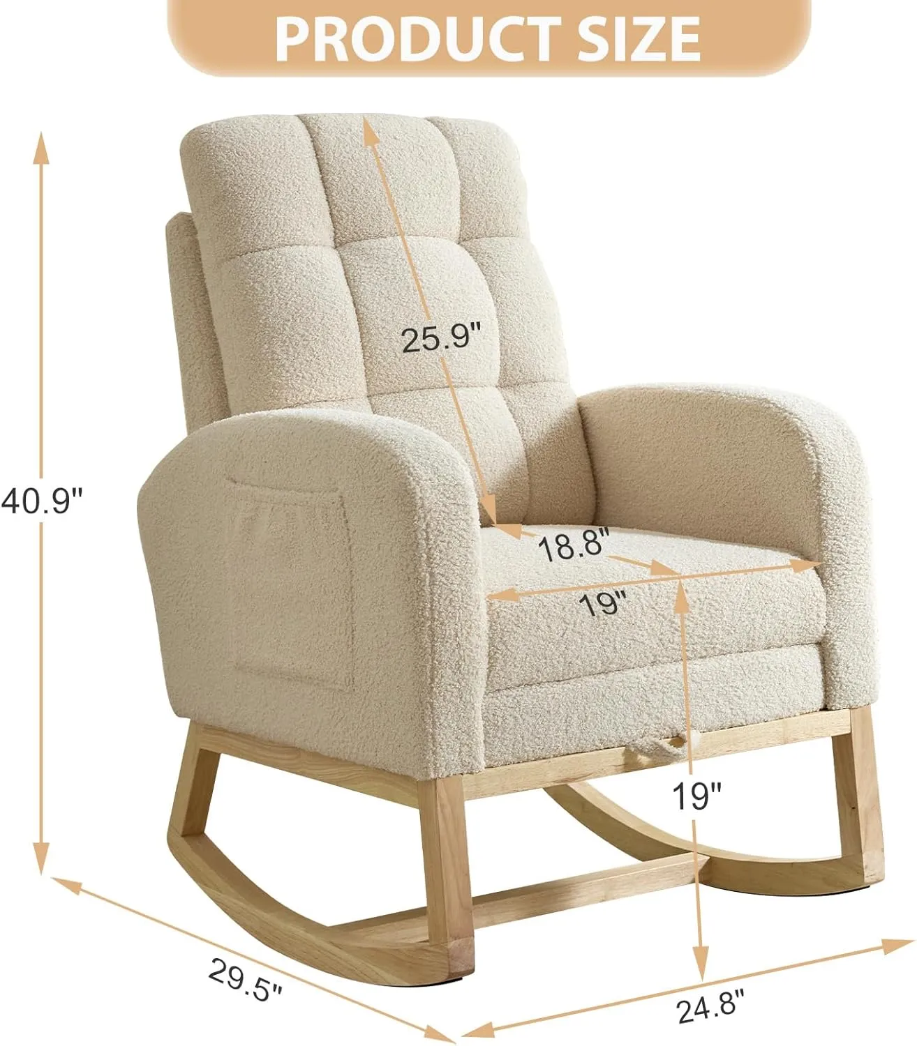 Nursery Rocking Chair with Retractable Foot Rest, Teddy Glider Rocking Chair, Mid Century Rocker Chair, High Back, Solid Wood Legs, Beige