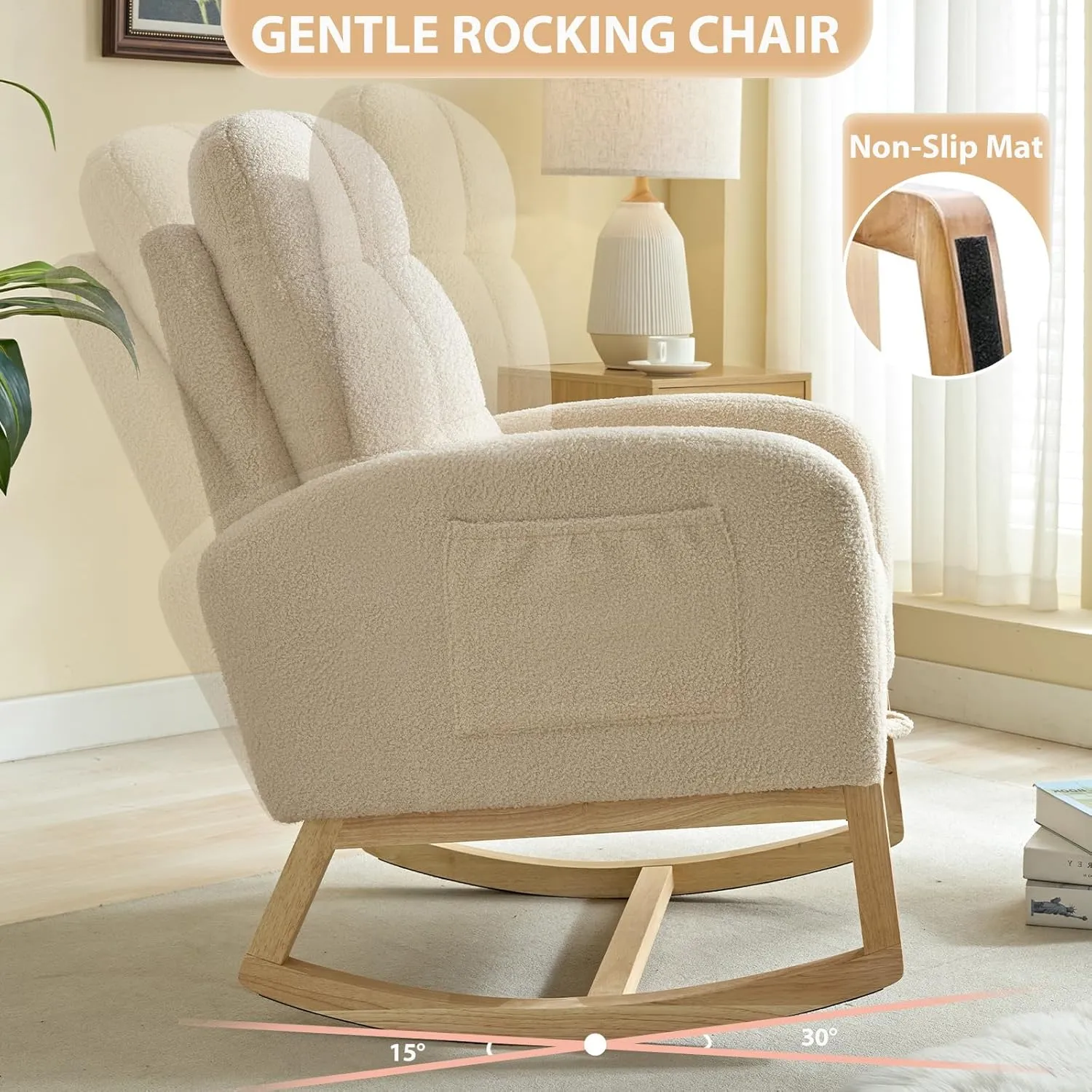 Nursery Rocking Chair with Retractable Foot Rest, Teddy Glider Rocking Chair, Mid Century Rocker Chair, High Back, Solid Wood Legs, Beige