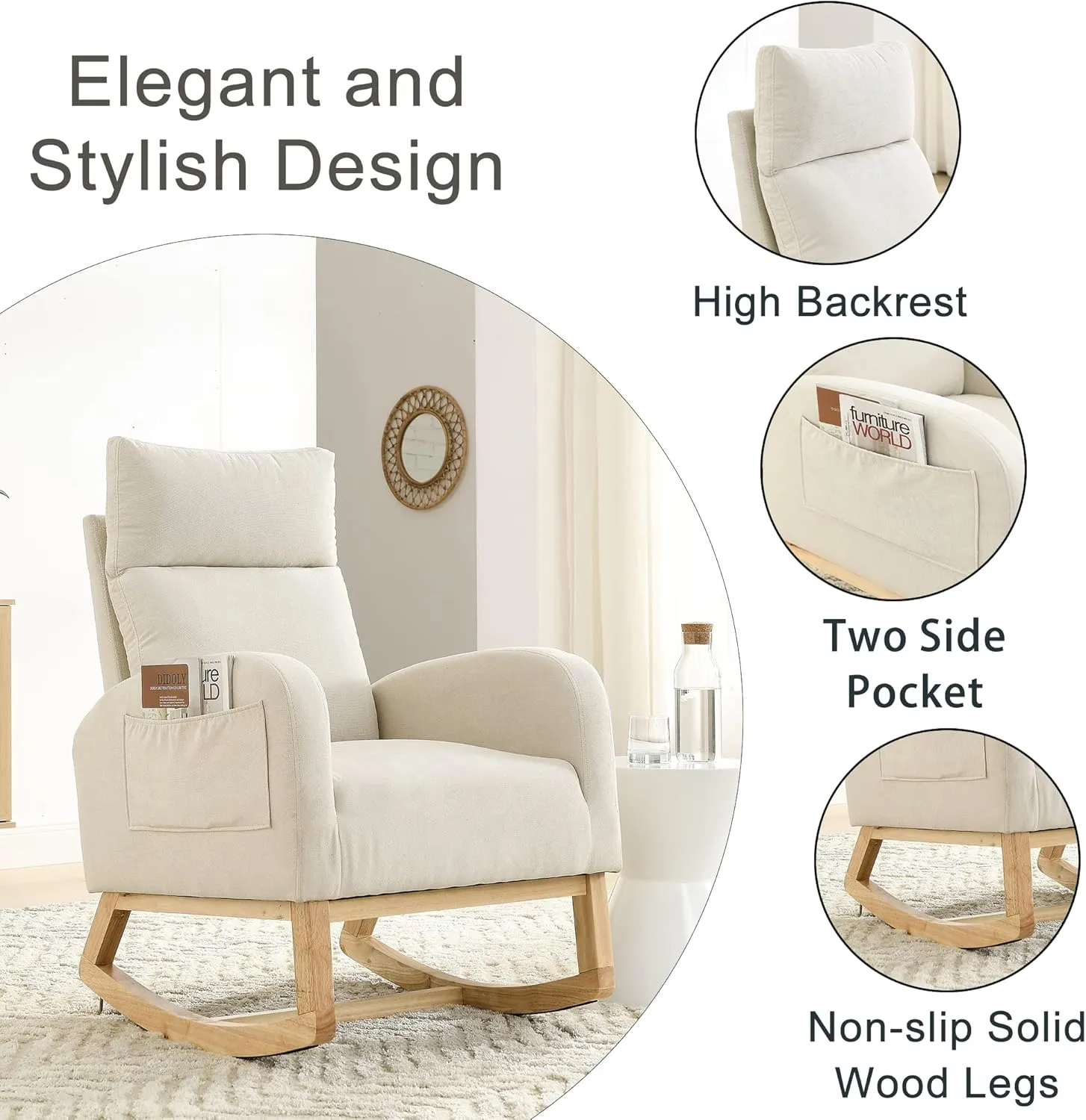 Nursery Rocking Chair with Solid Wood Legs, Glider Chair for Nursery with Two Side Pockets, Rocker Armchair for Living Room Bedroom (Beige, Linen Fabric)