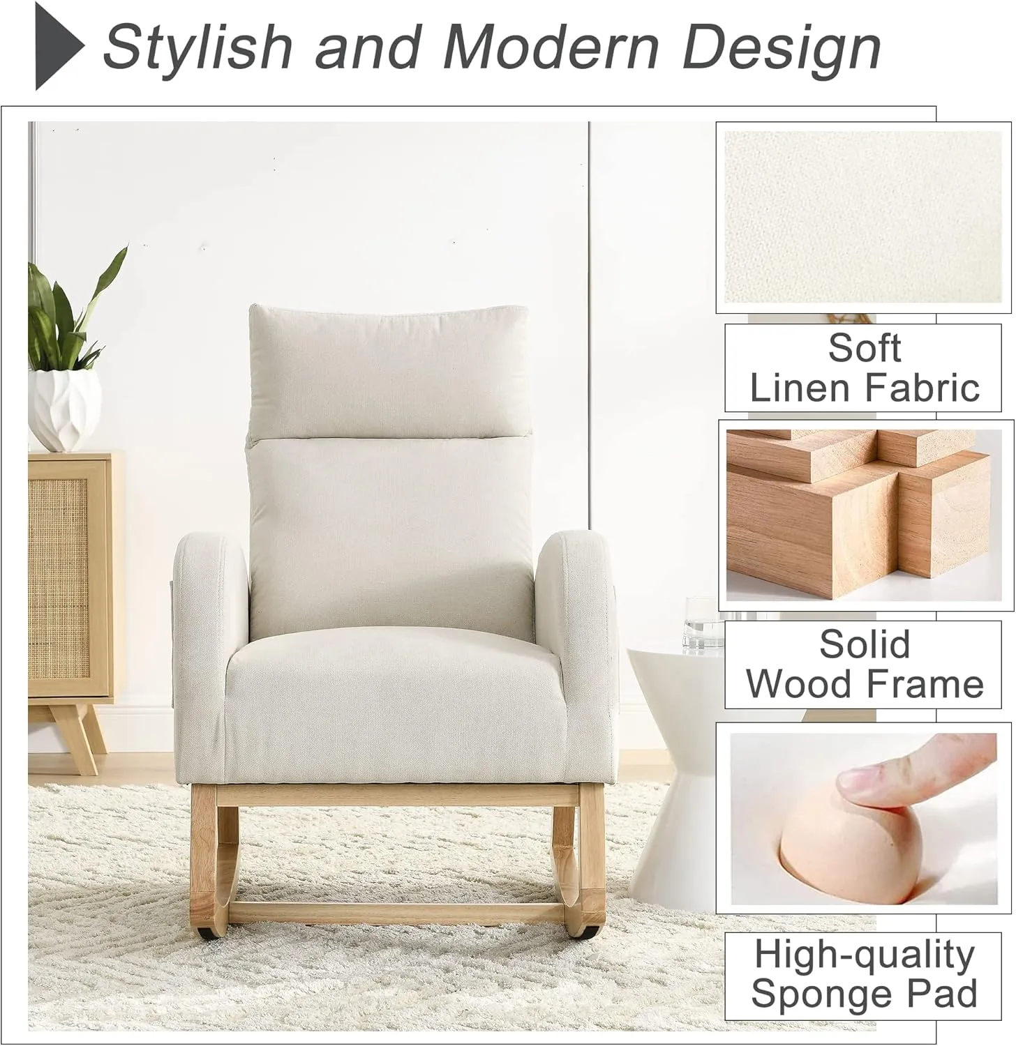 Nursery Rocking Chair with Solid Wood Legs, Glider Chair for Nursery with Two Side Pockets, Rocker Armchair for Living Room Bedroom (Beige, Linen Fabric)