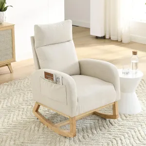Nursery Rocking Chair with Solid Wood Legs, Glider Chair for Nursery with Two Side Pockets, Rocker Armchair for Living Room Bedroom (Beige, Linen Fabric)