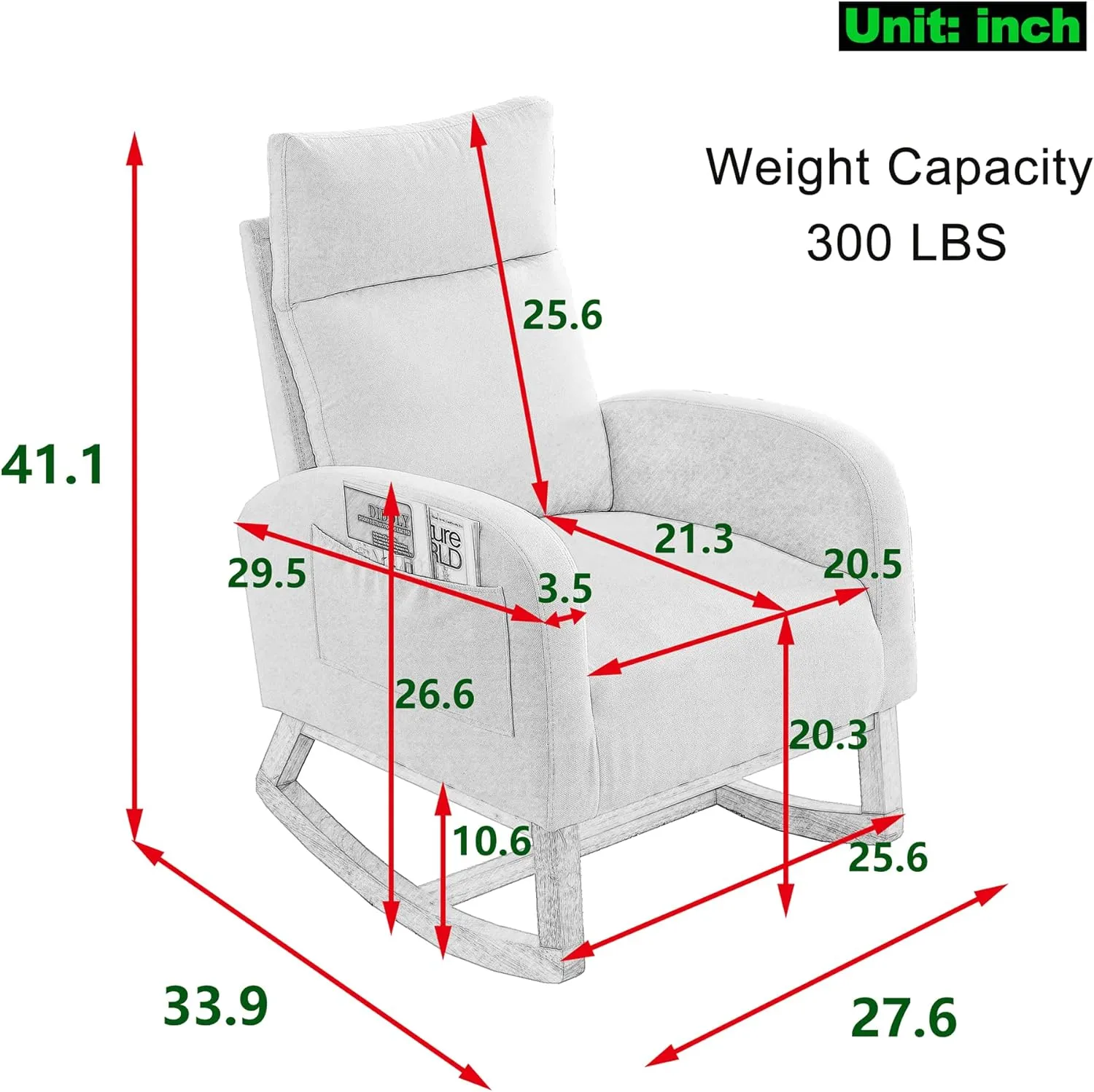 Nursery Rocking Chair with Solid Wood Legs, Glider Chair for Nursery with Two Side Pockets, Rocker Armchair for Living Room Bedroom (Beige, Linen Fabric)