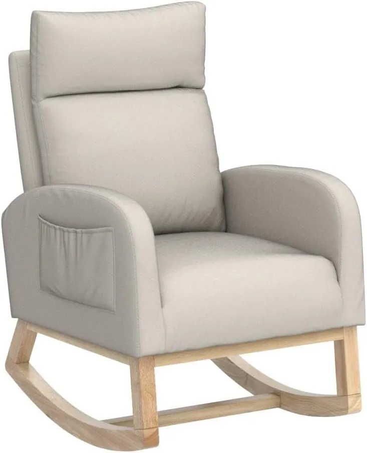 Nursery Rocking Chair with Solid Wood Legs, Glider Chair for Nursery with Two Side Pockets, Rocker Armchair for Living Room Bedroom (Beige, Linen Fabric)