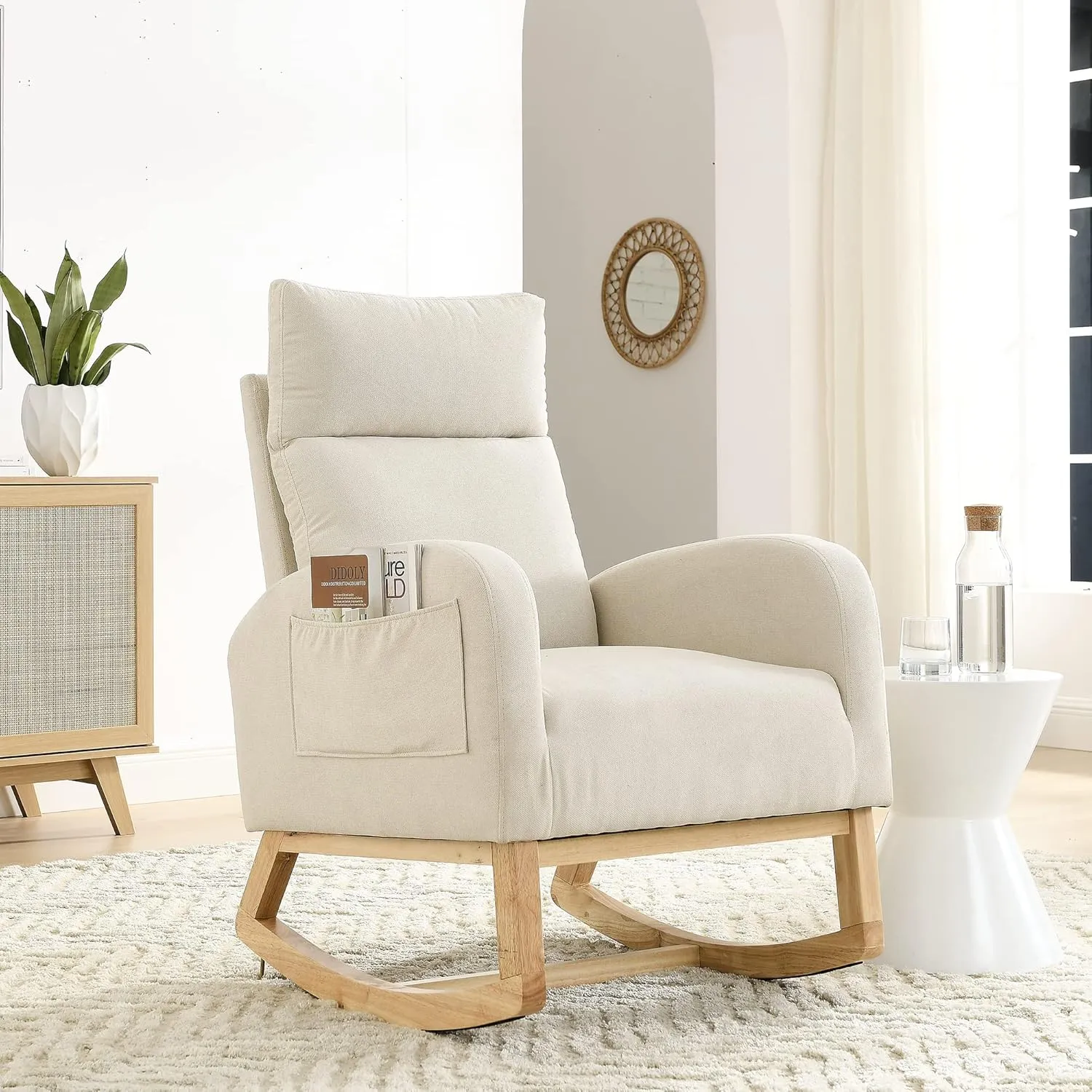 Nursery Rocking Chair with Solid Wood Legs, Glider Chair for Nursery with Two Side Pockets, Rocker Armchair for Living Room Bedroom (Beige, Linen Fabric)