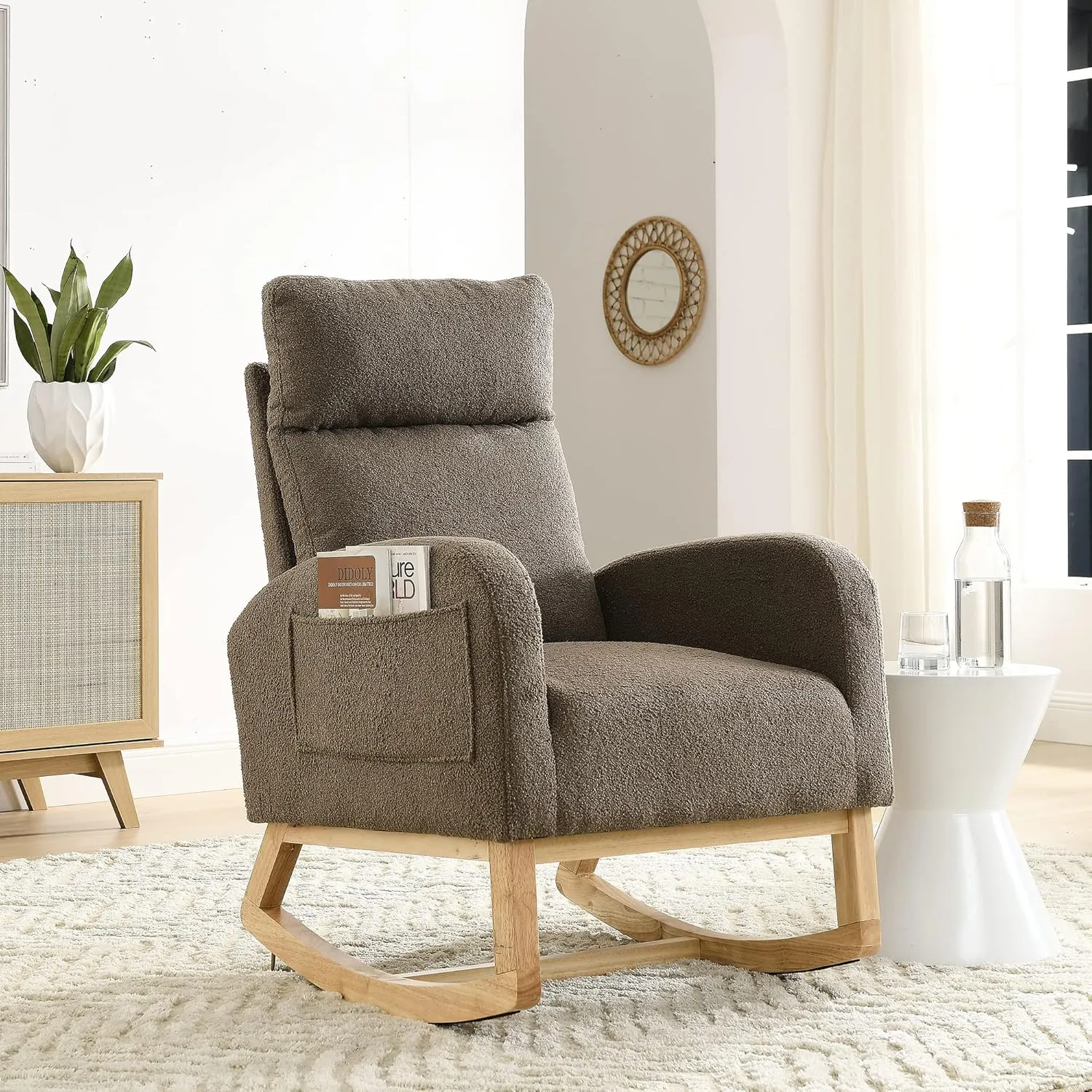 Nursery Rocking Chair with Solid Wood Legs, Glider Chair for Nursery with Two Side Pockets, Rocker Armchair for Living Room Bedroom (Coffee, Teddy Fabric)