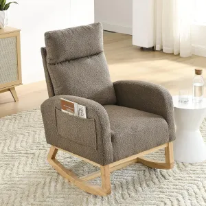 Nursery Rocking Chair with Solid Wood Legs, Glider Chair for Nursery with Two Side Pockets, Rocker Armchair for Living Room Bedroom (Coffee, Teddy Fabric)