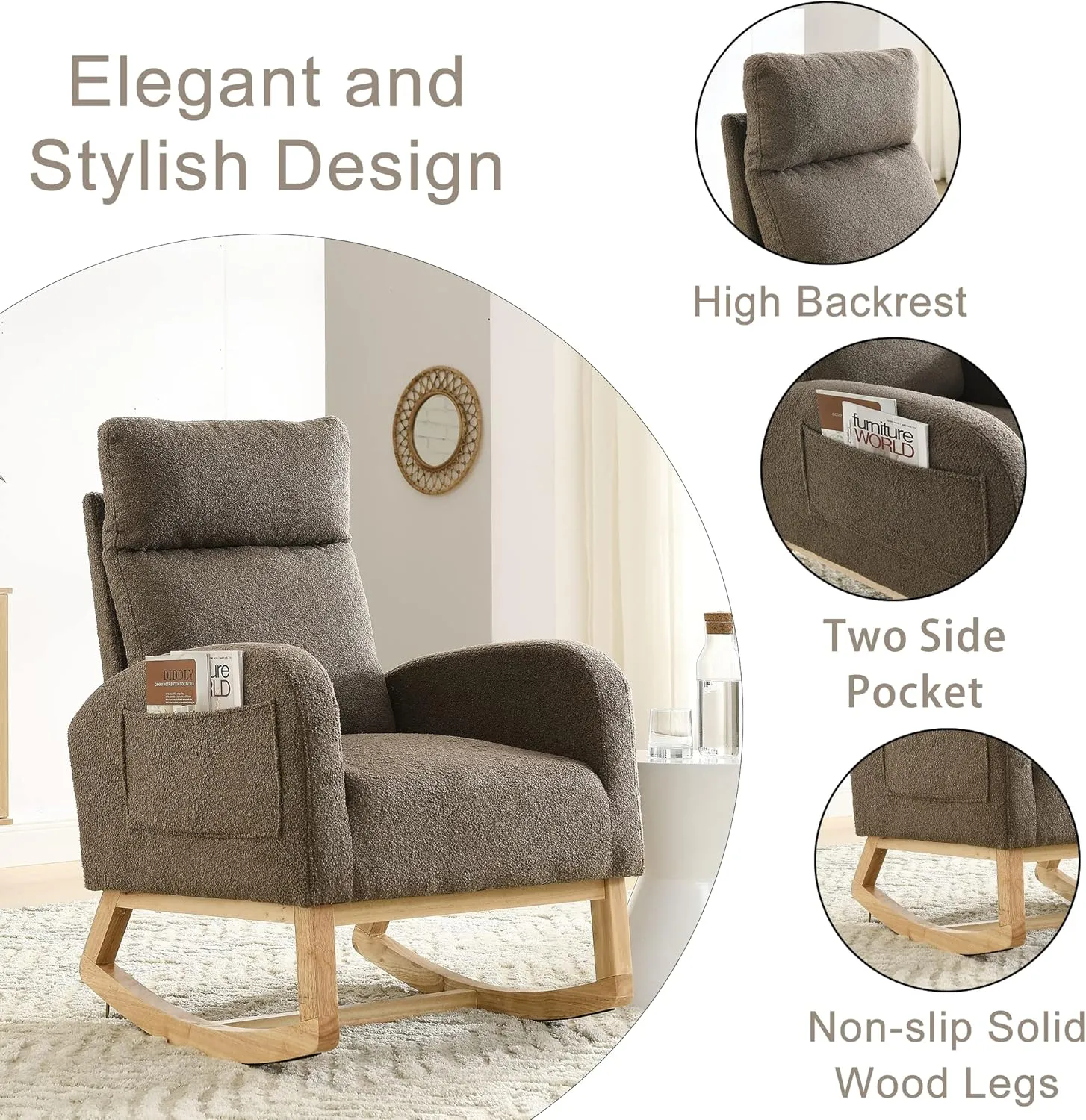 Nursery Rocking Chair with Solid Wood Legs, Glider Chair for Nursery with Two Side Pockets, Rocker Armchair for Living Room Bedroom (Coffee, Teddy Fabric)