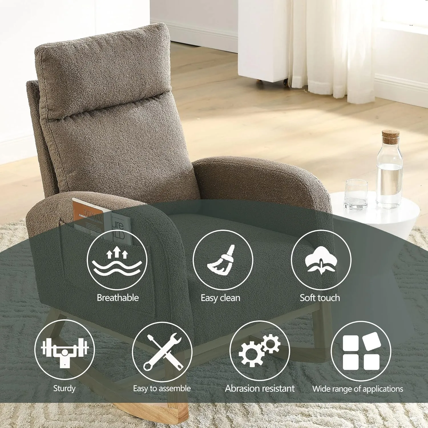 Nursery Rocking Chair with Solid Wood Legs, Glider Chair for Nursery with Two Side Pockets, Rocker Armchair for Living Room Bedroom (Coffee, Teddy Fabric)